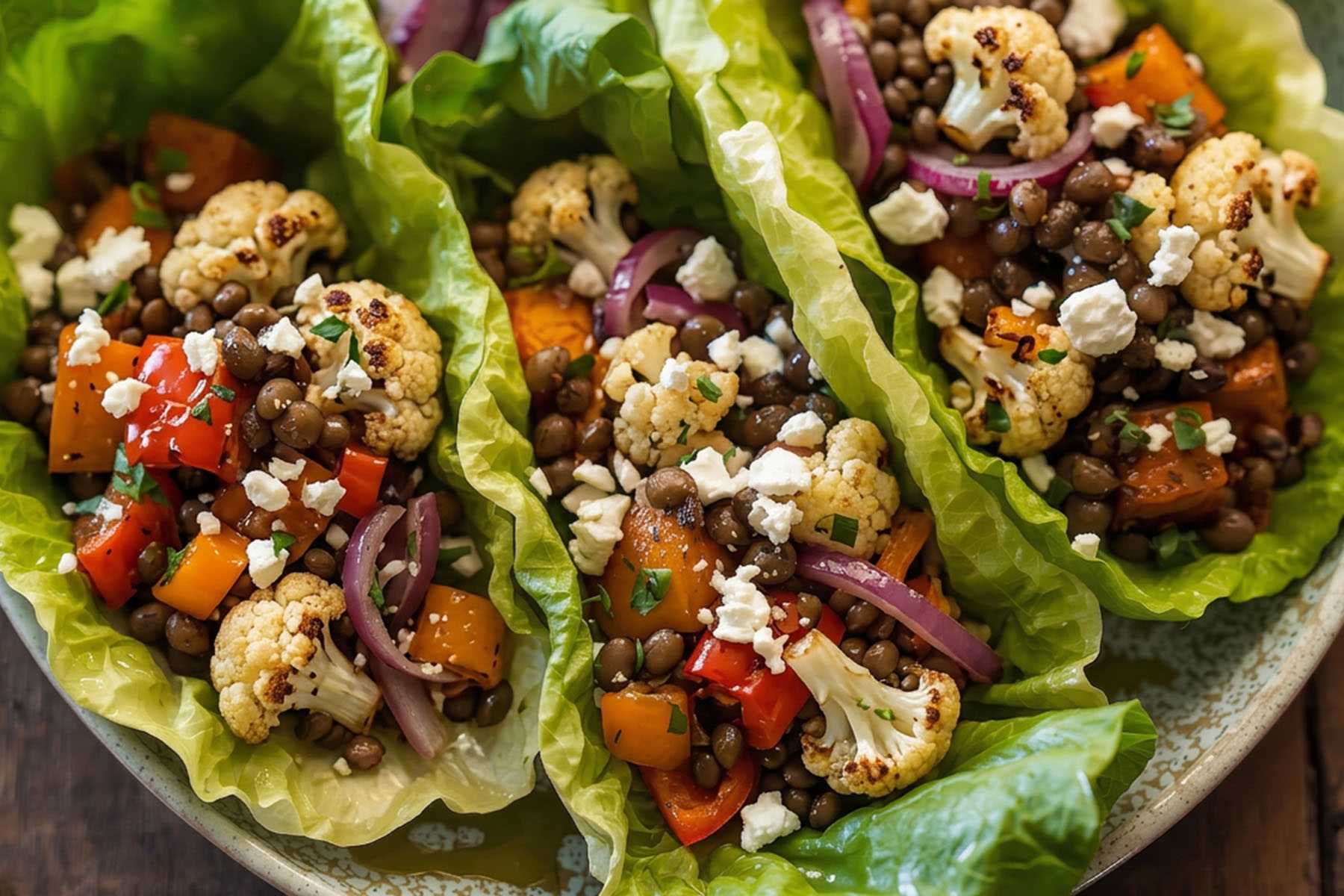 Spicy Roasted Vegetable & Lentil Lettuce Wraps 