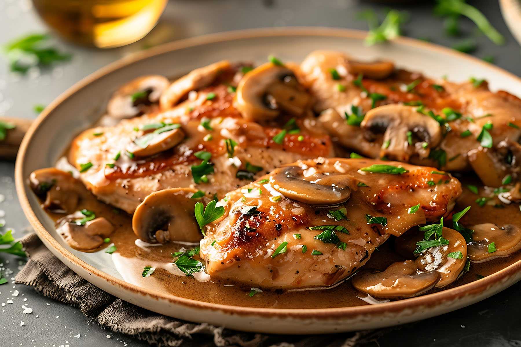 Pan-seared chicken with a rich mushroom Marsala sauce
