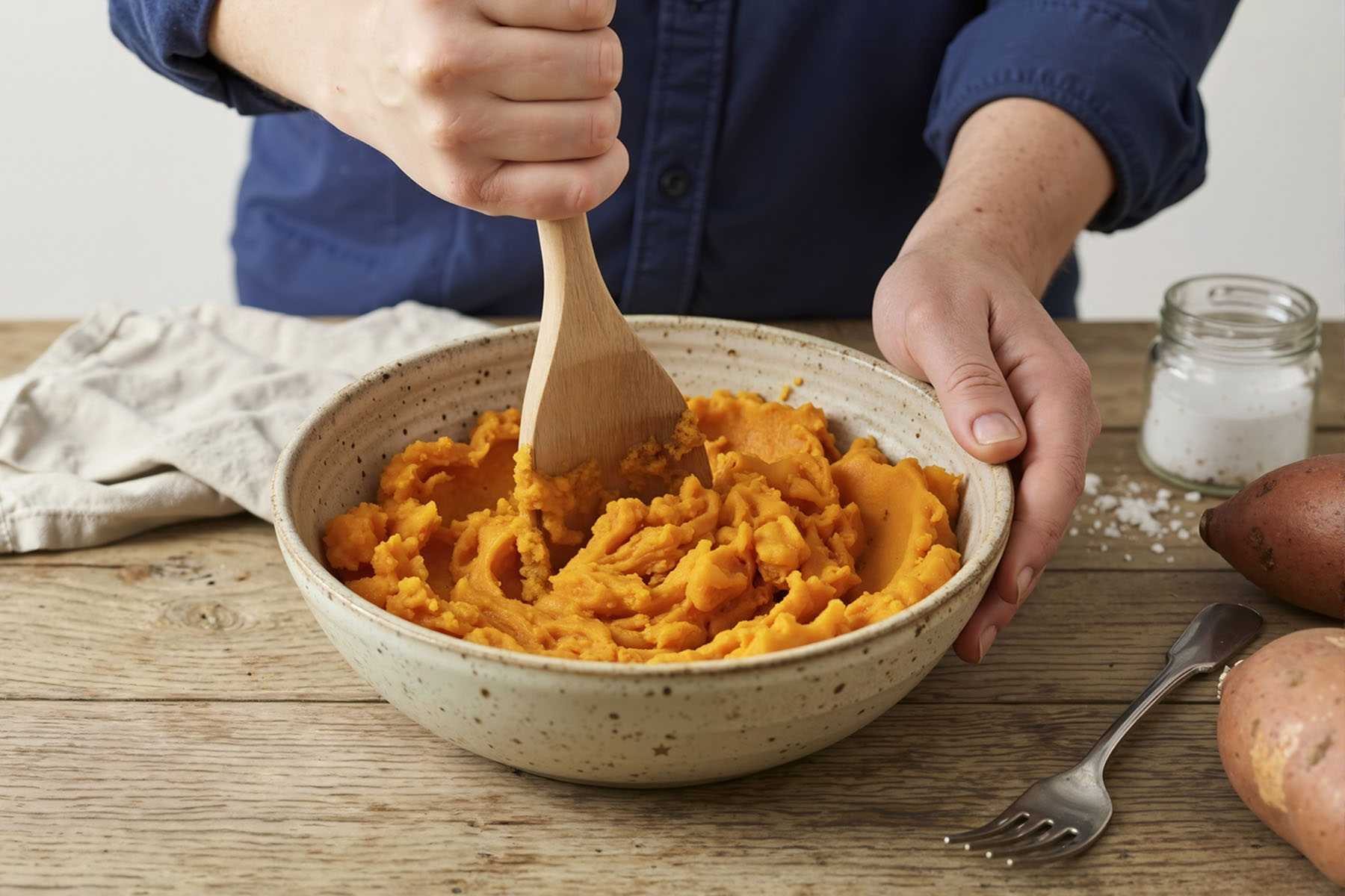 A Woman Cooking Miso Sweet Potato Purée 
