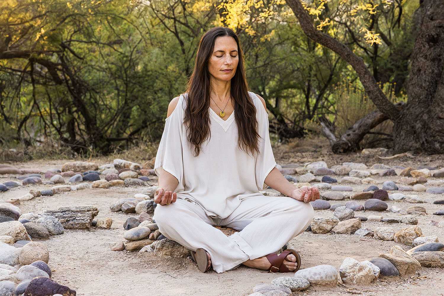 Woman Meditating Inside the Labyrinth at Canyon Ranch Tucson