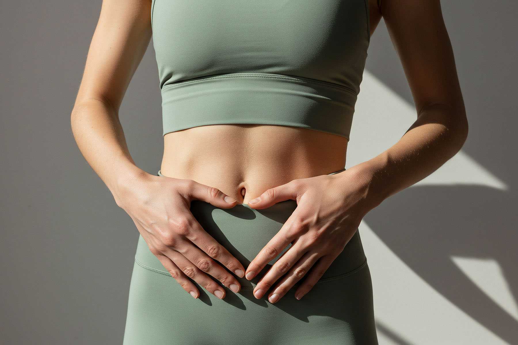 Woman In Workout Gear Putting Hands on Her Belly 