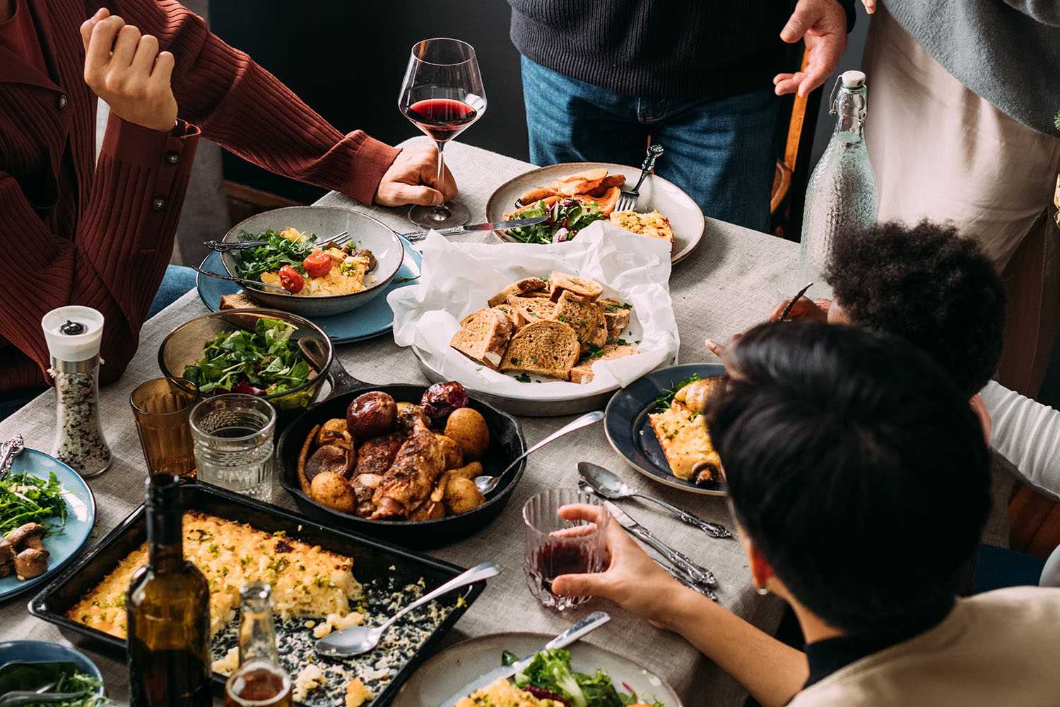 A Table of Friends Enjoying Thanksgiving Dinner 