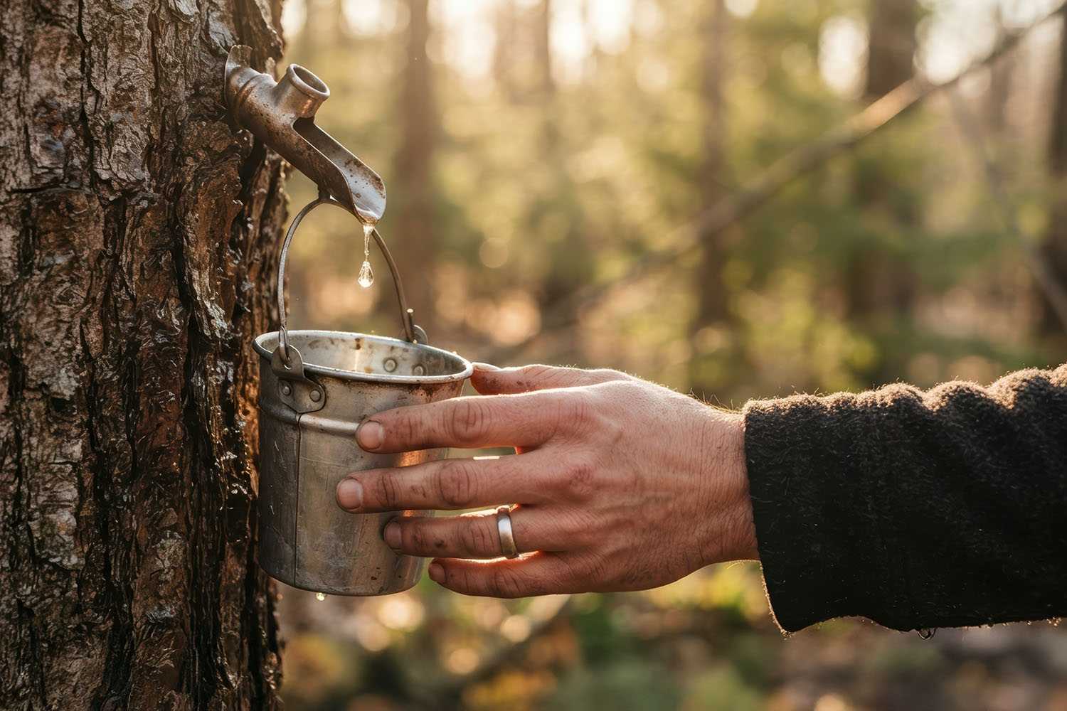 A Person Tapping Maple Syrup From a Tree
