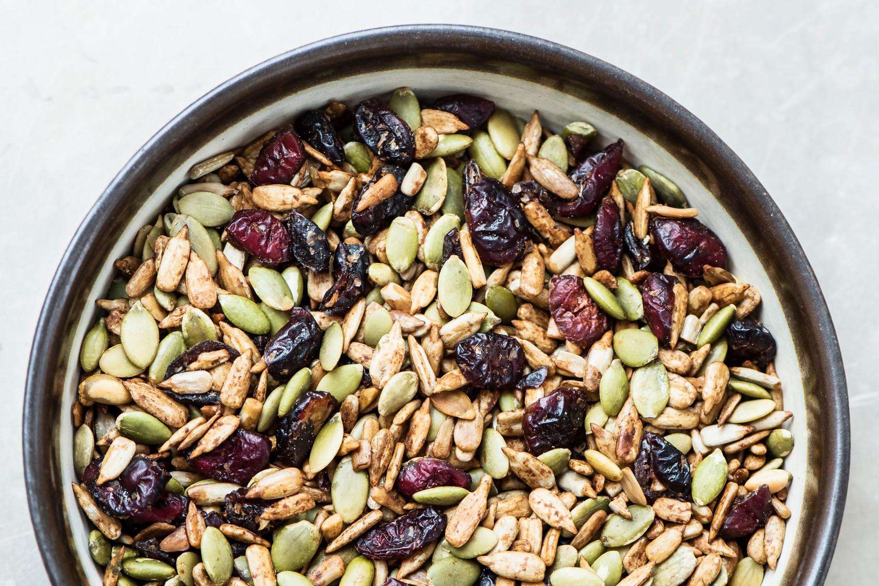 Overhead view of pumpkin crunch in bowl.