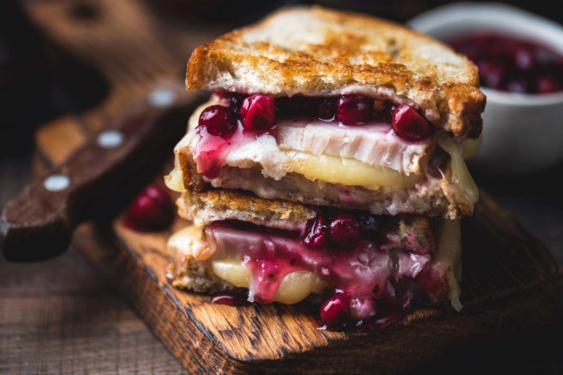 Close-up of a turkey monte cristo sandwich.