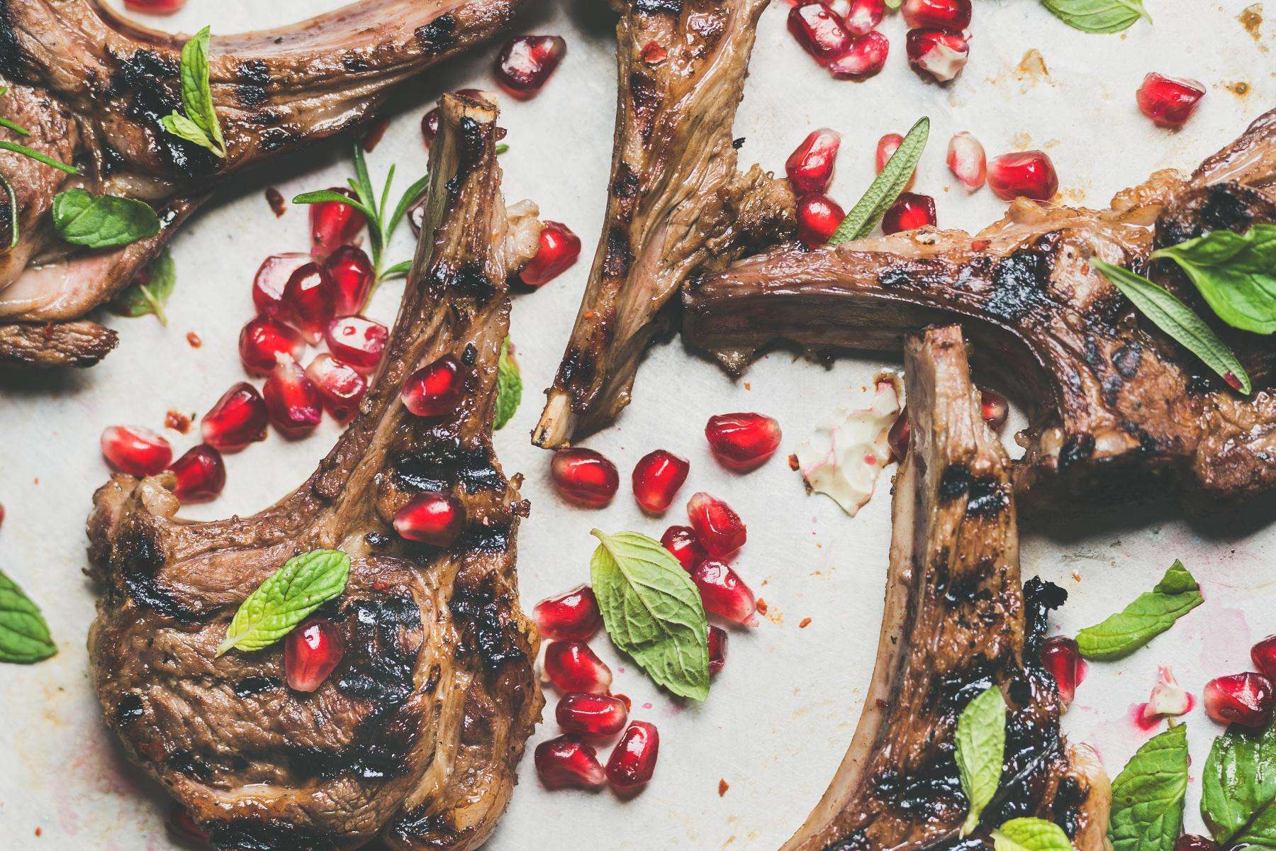 Overhead view of sliced lamb chops.