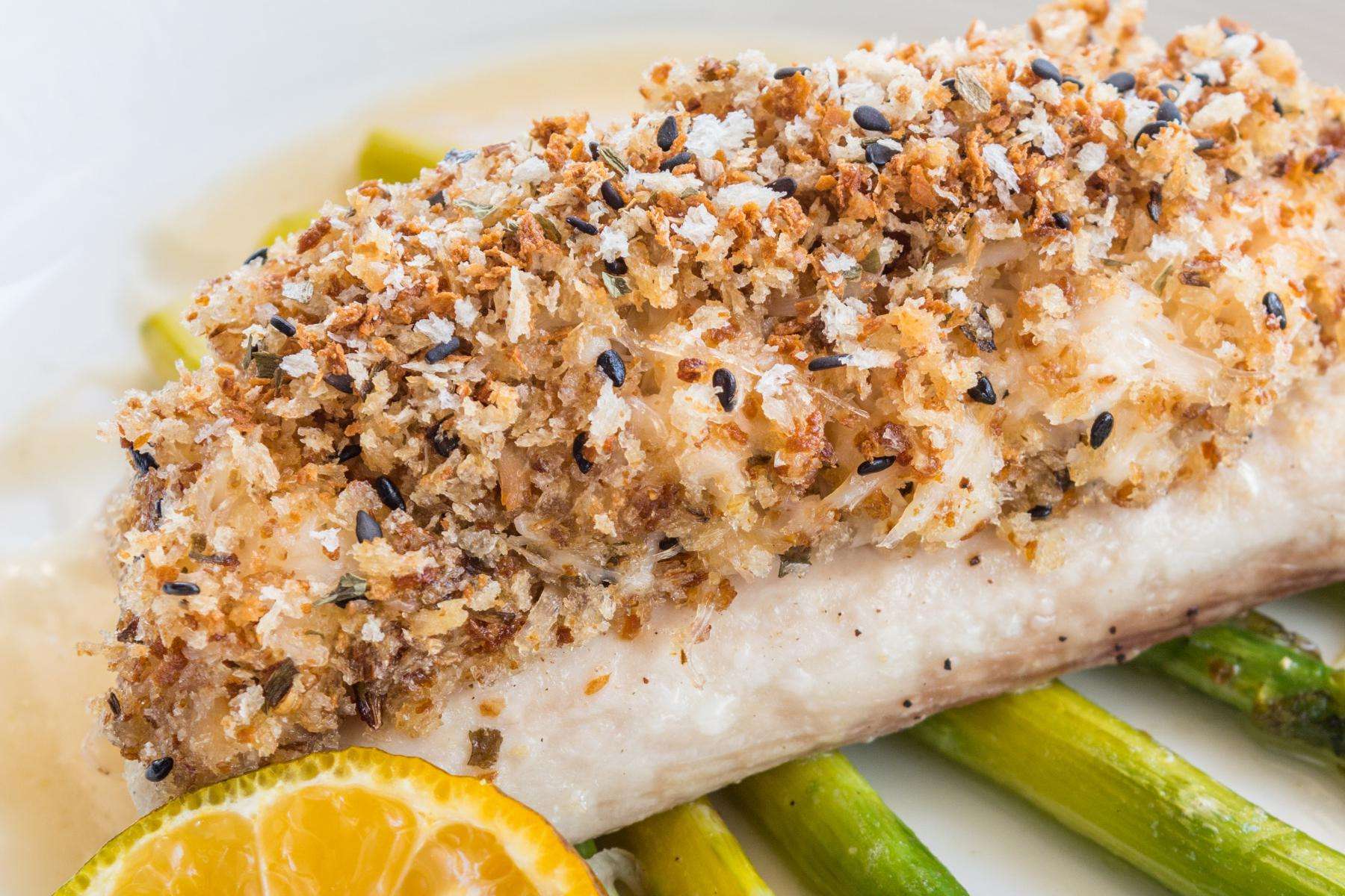 Close-up of parmesan crusted mahi mahi.