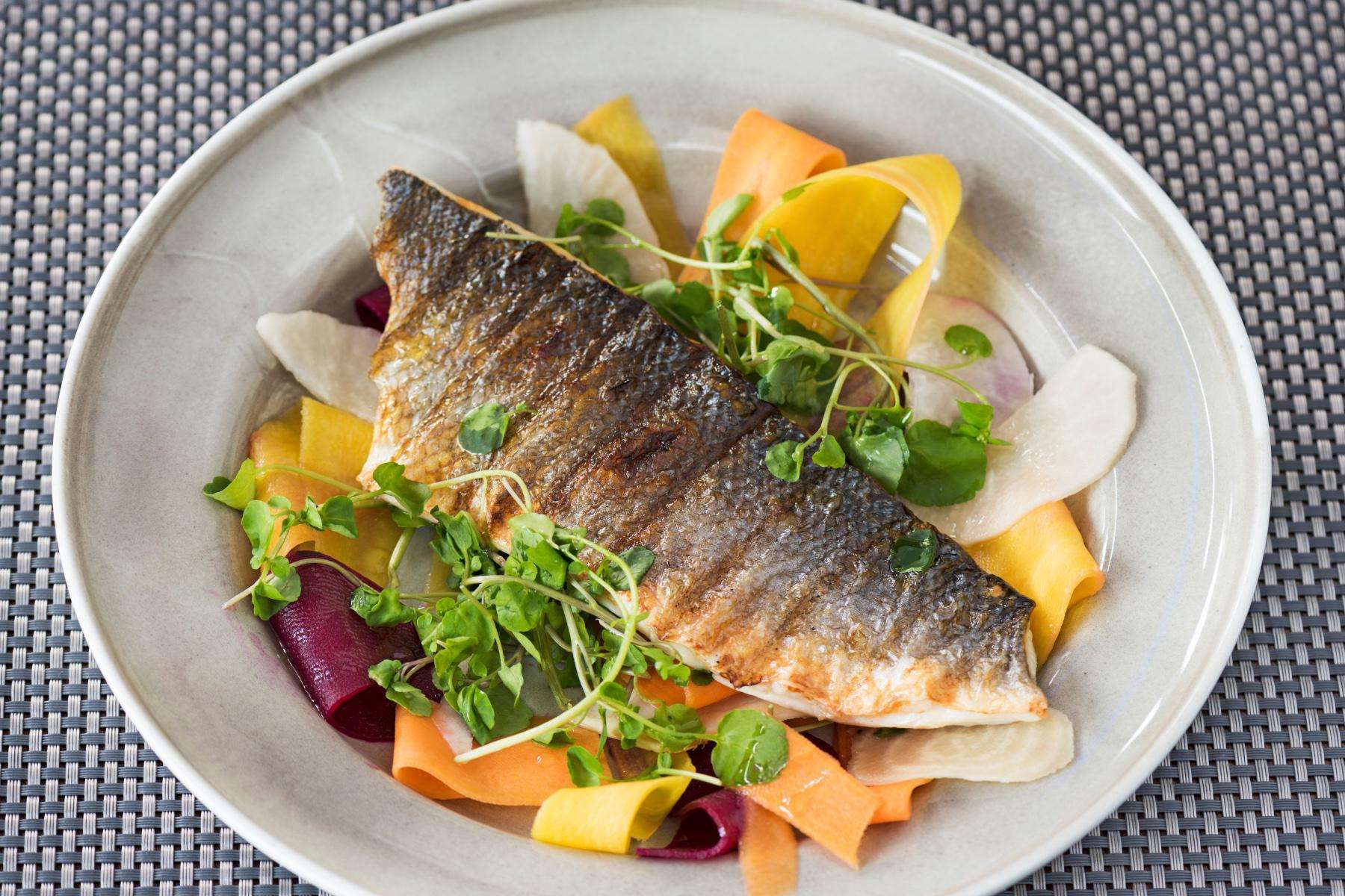 Plate of maple-glazed sea bass.
