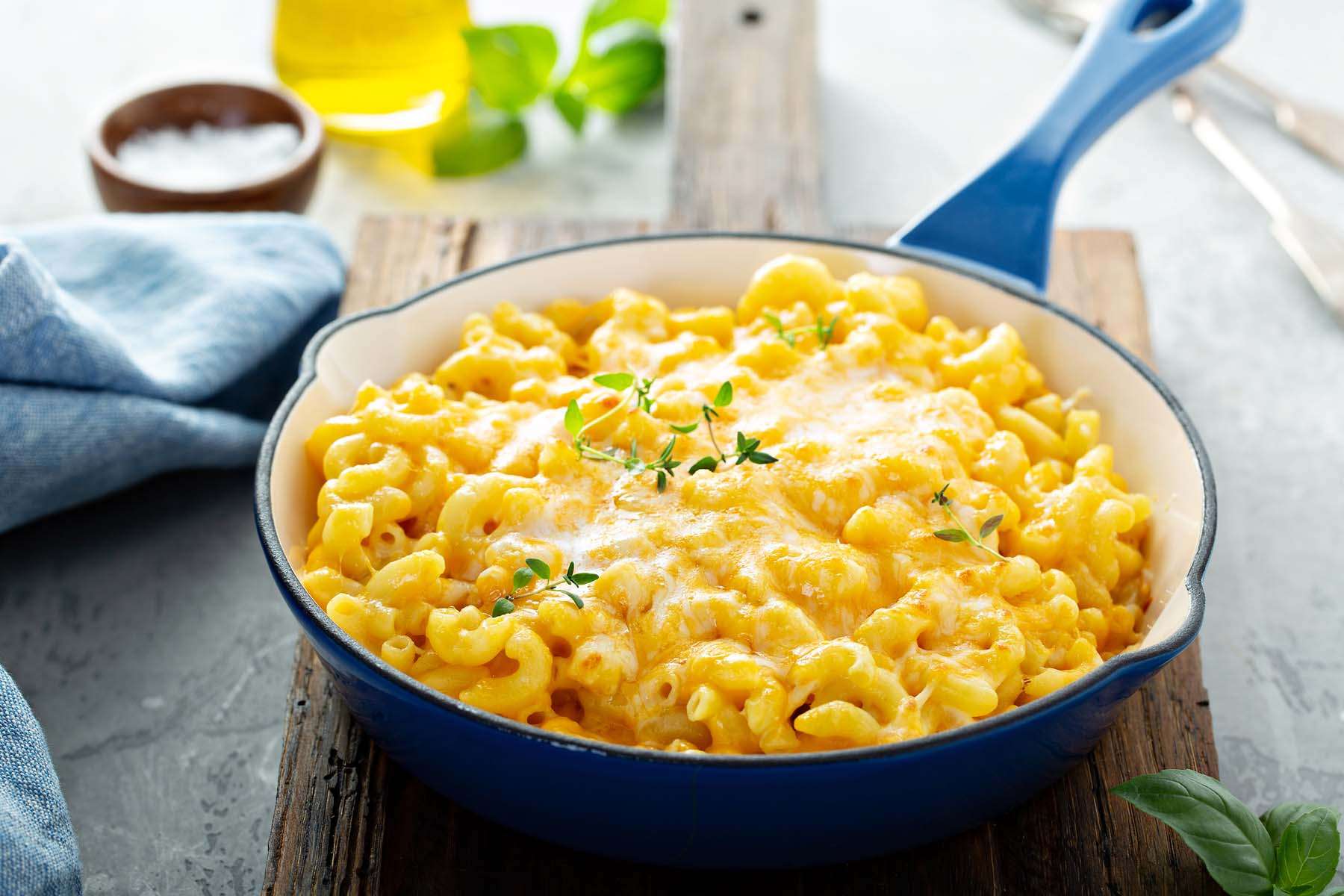 Close-up of baked macaroni and cheese.