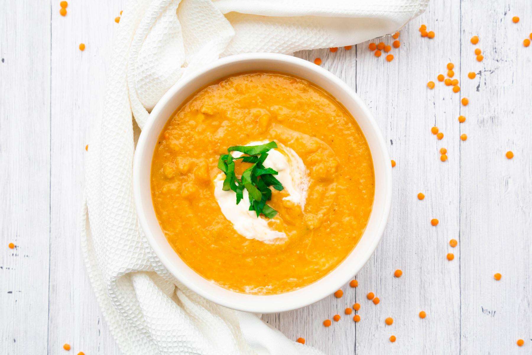 A cup of red lentil soup.