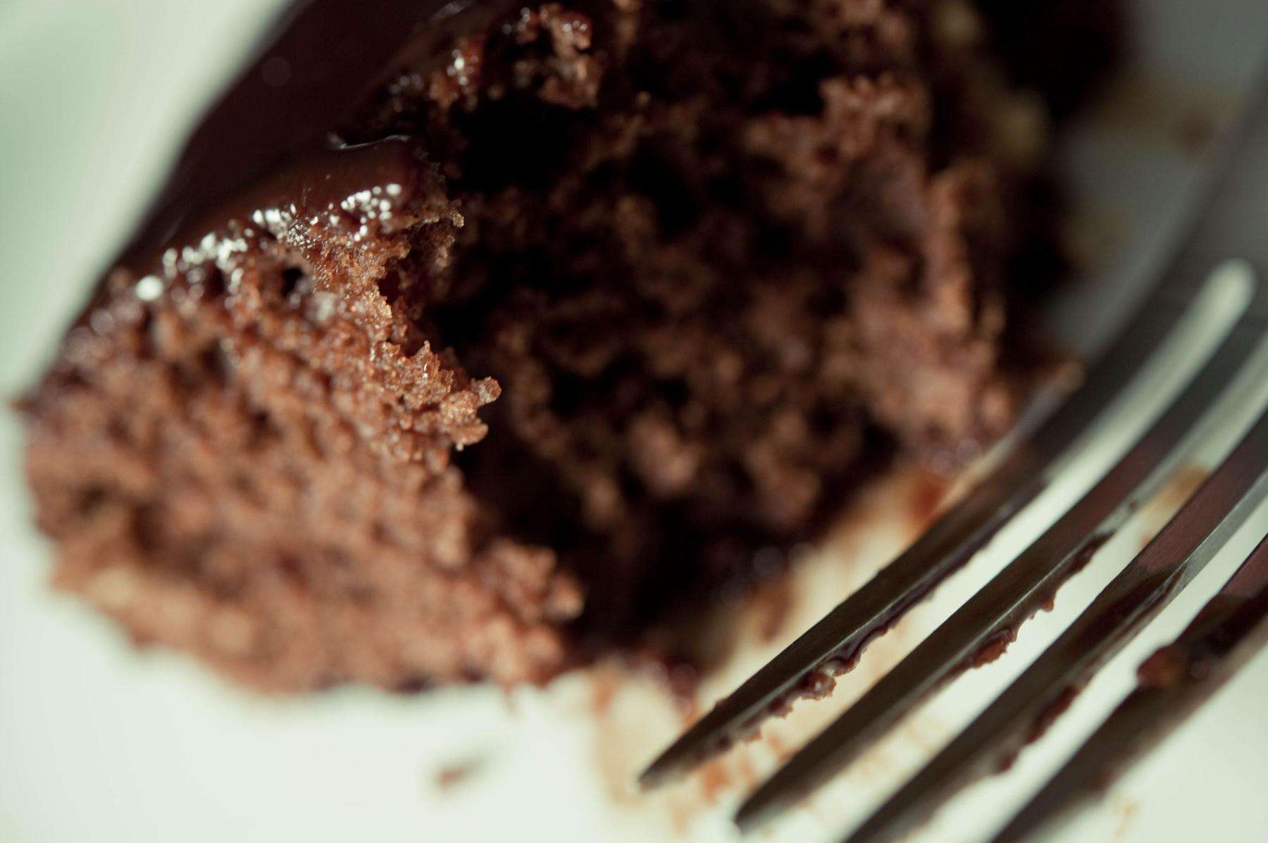 Close-up of piece of chocolate cake.