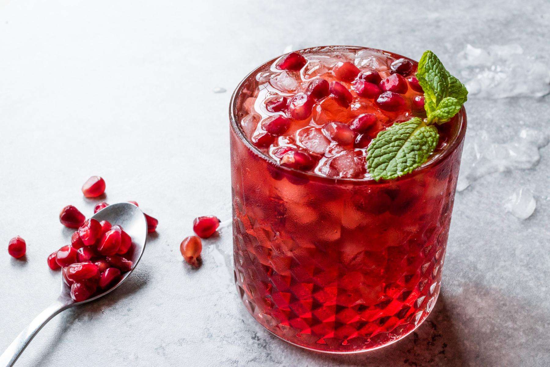 Pomegranate martini in glass.