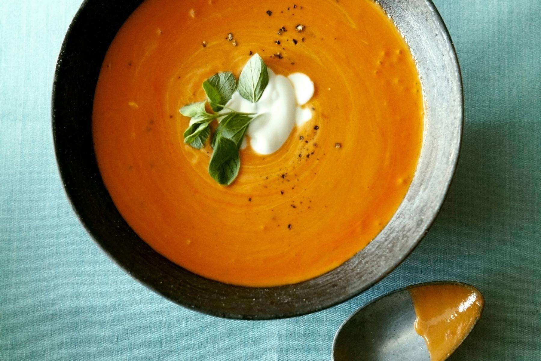 A bowl of roasted tomato gazpacho.