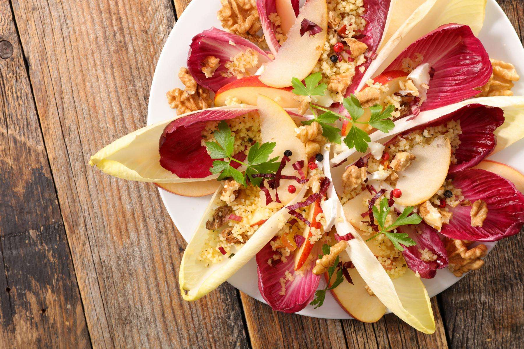 Overhead view of quinoa endive salad.
