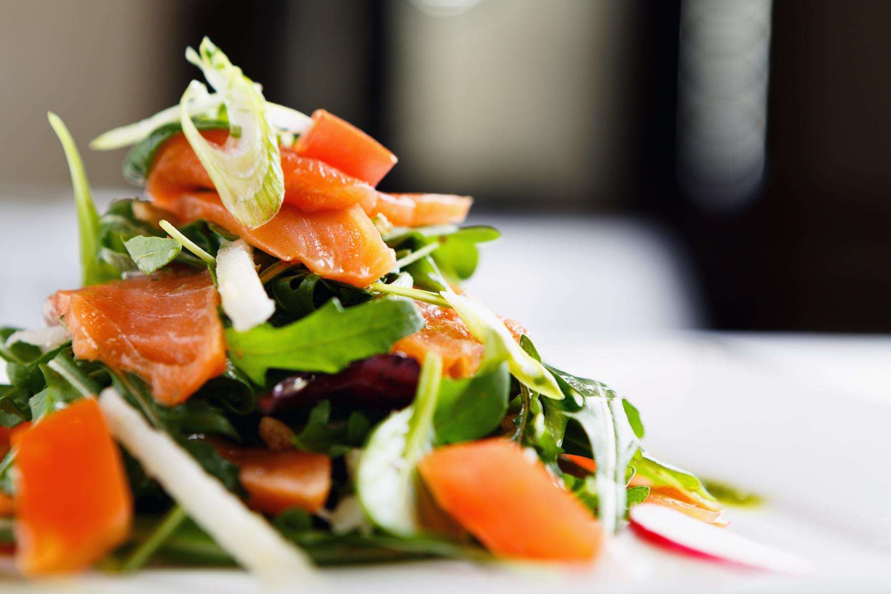 Close-up of smoked salmon salad.