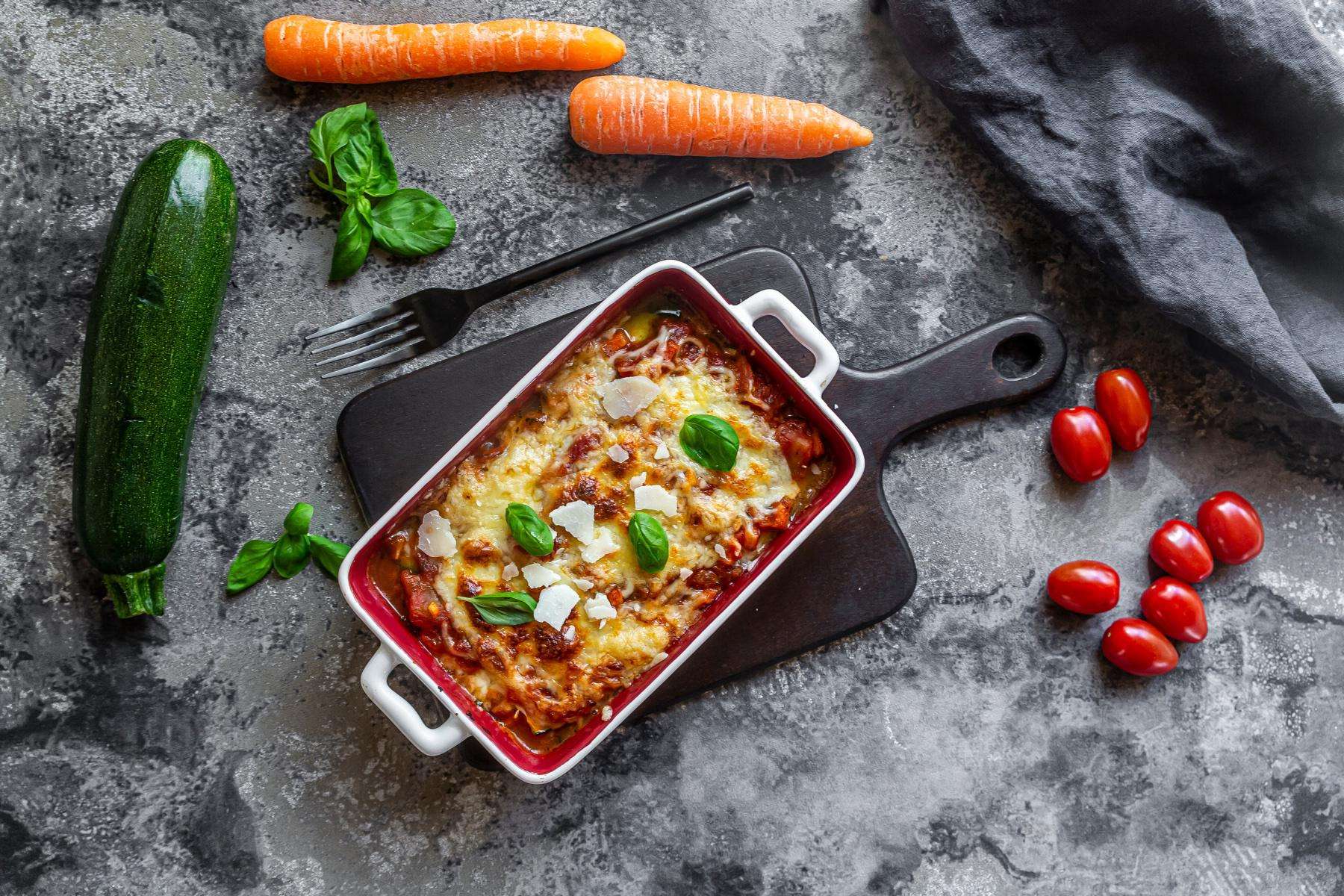 Overhead view pan of vegetable lasagna.