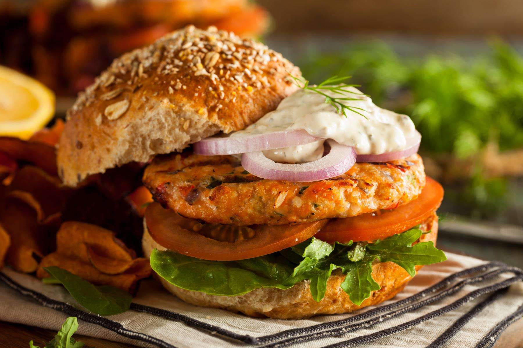 Close-up of salmon burger.