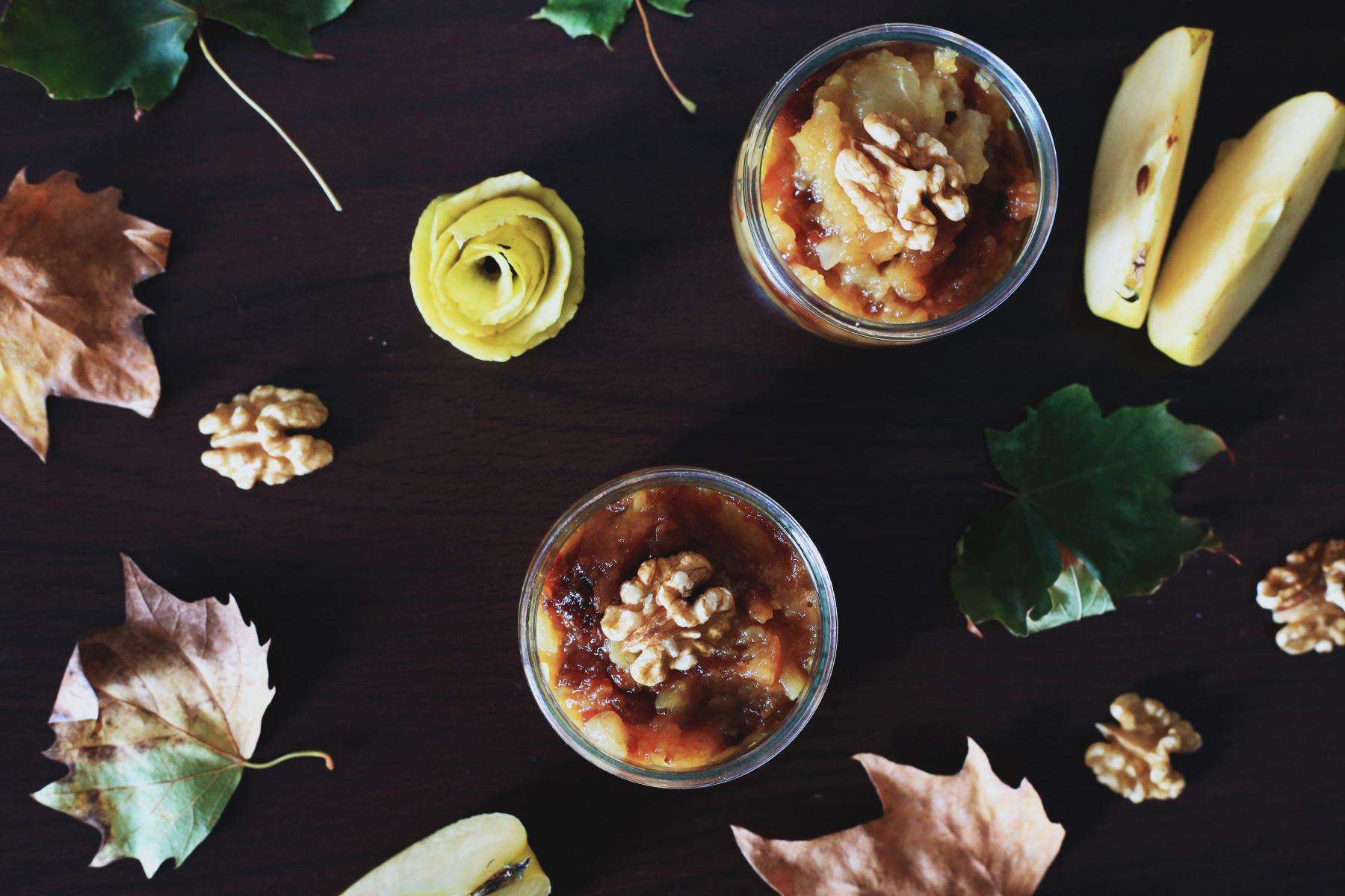 Overhead view of ingredients to make apple compote.