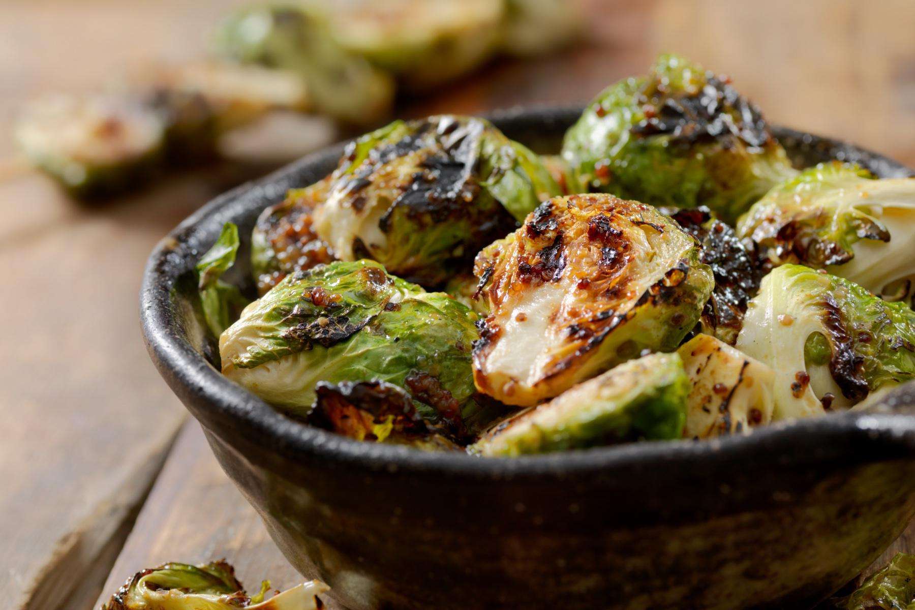 A bowl of roasted brussels sprouts.