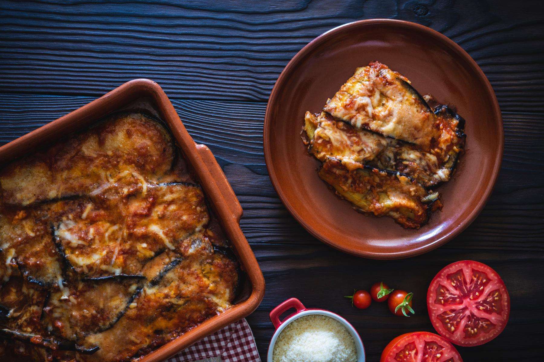Two plates of moussaka.