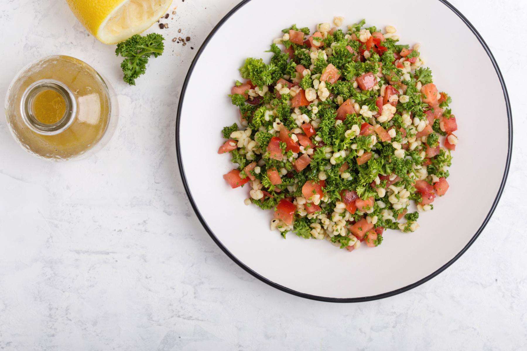 Overhead view of a plate of tabbouleh salad.