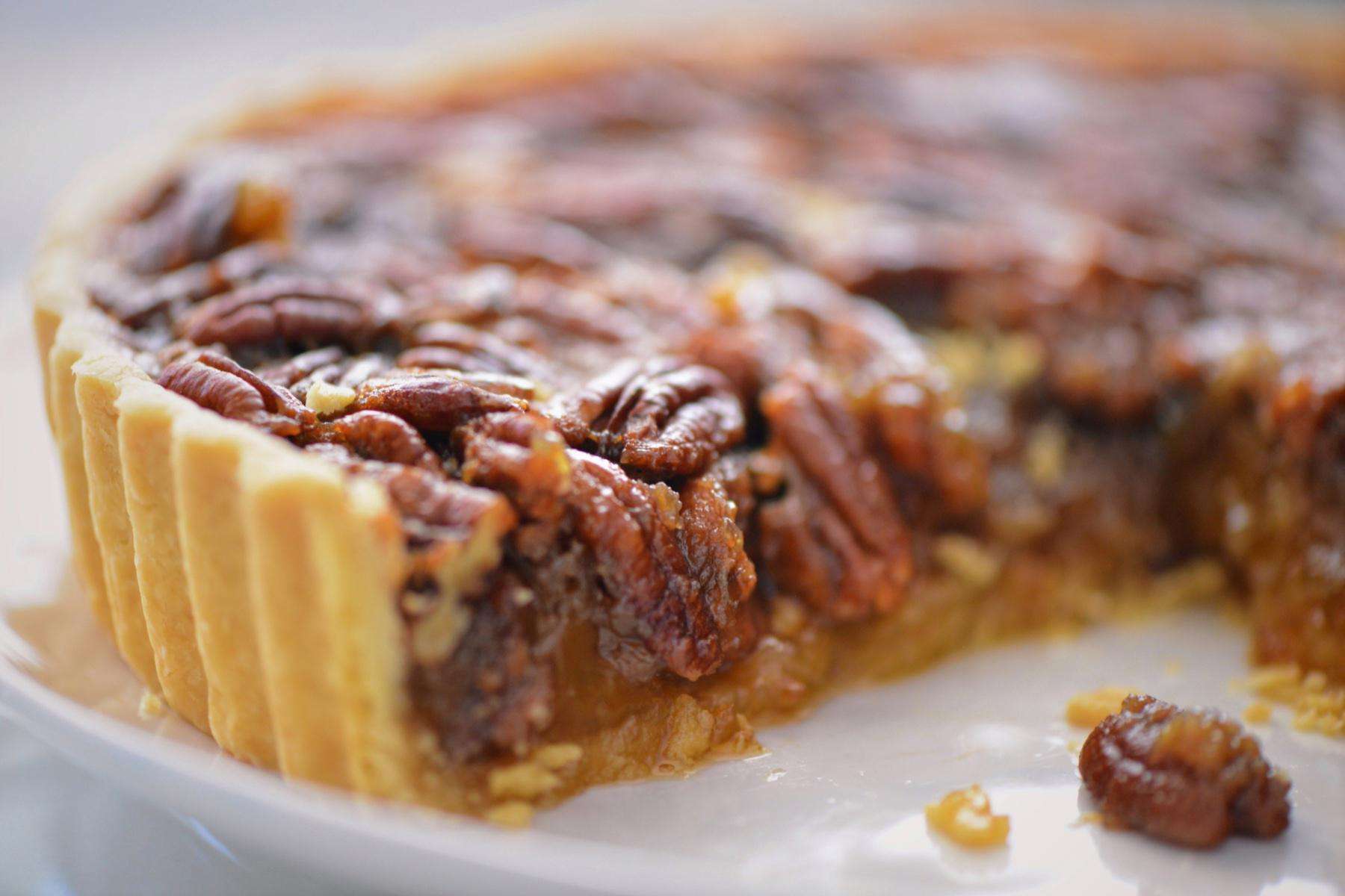 Close-up of pecan tart.