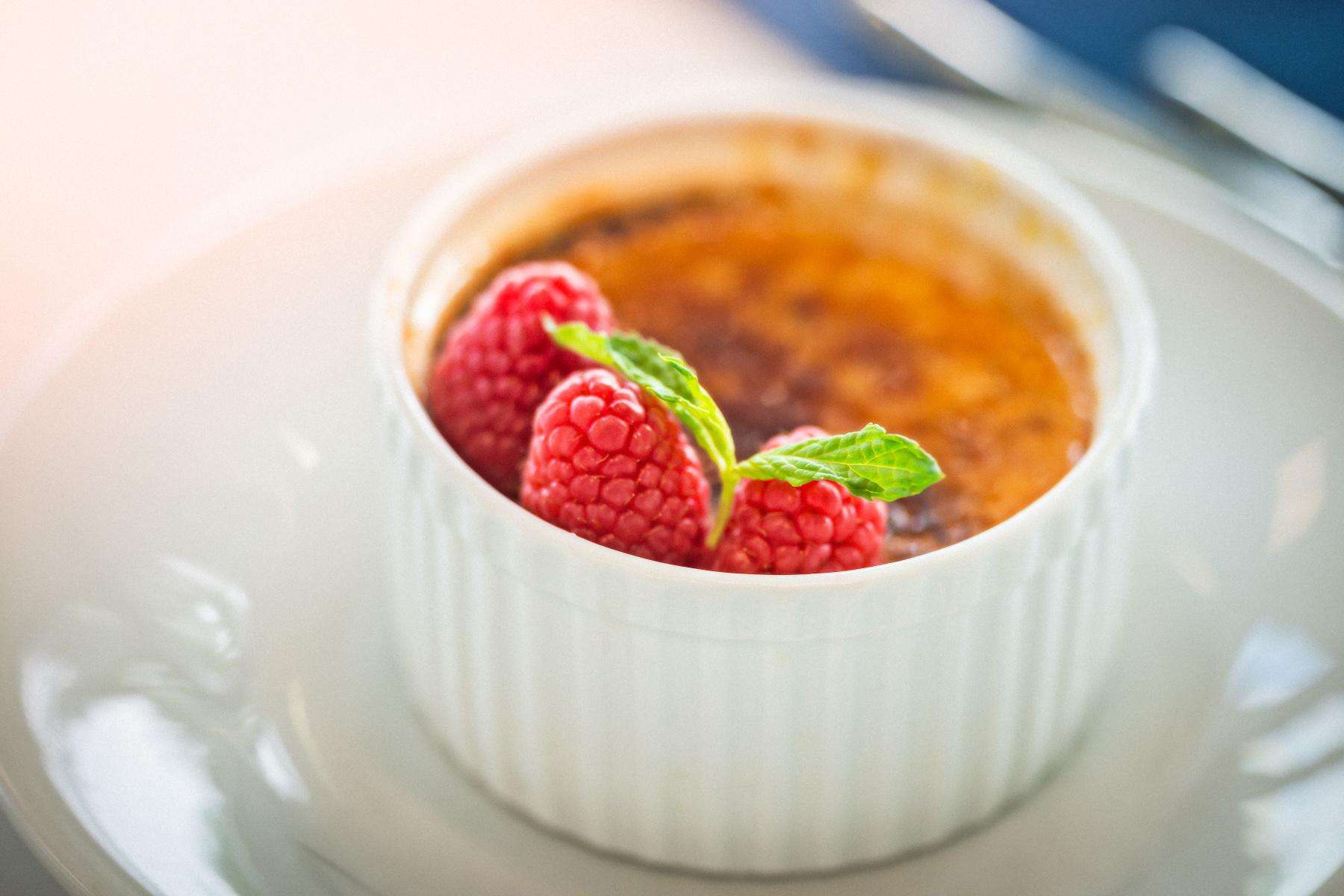 Dish of Raspberry Crème Brûlée.