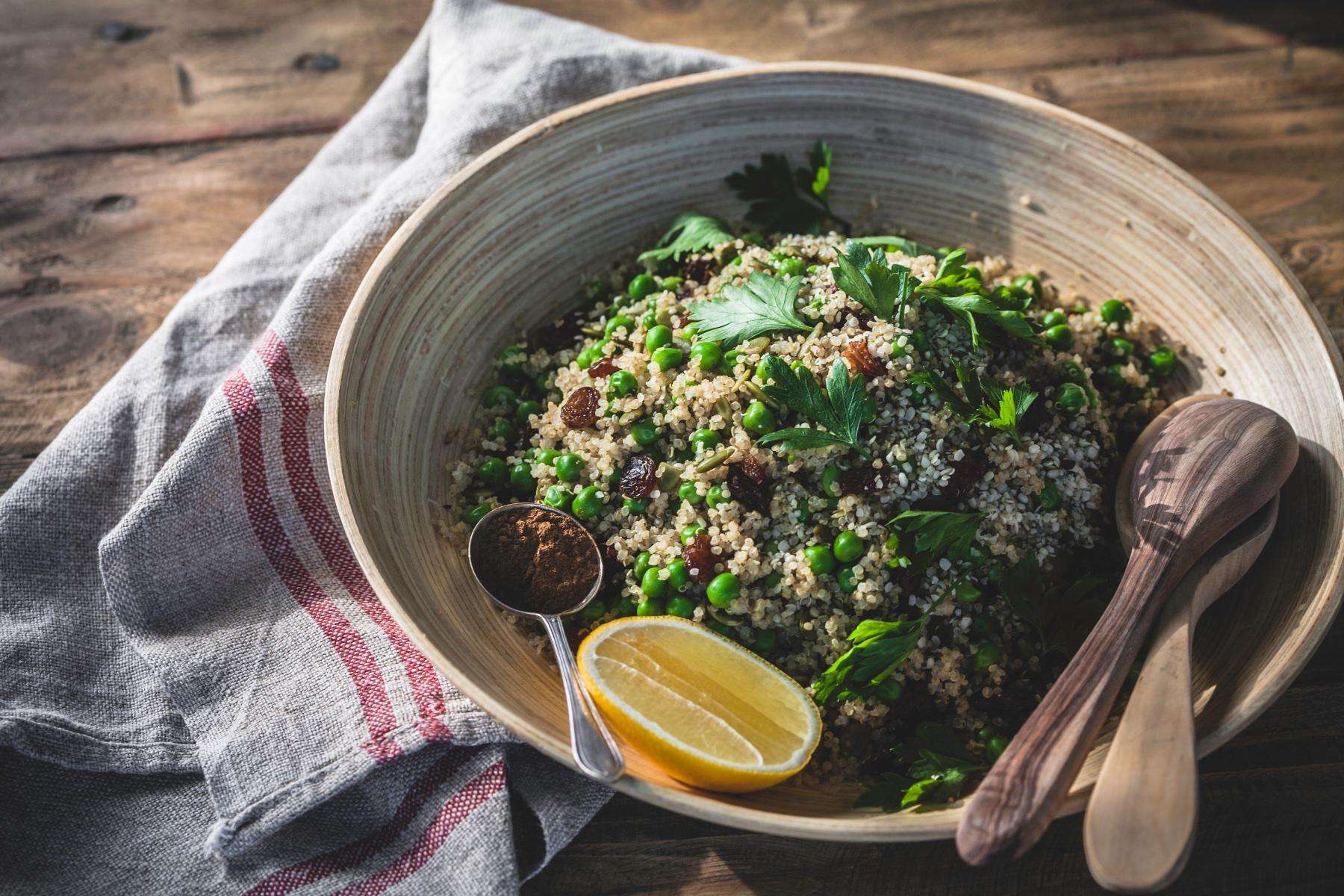 Overhead view of a bowl of quinoa.