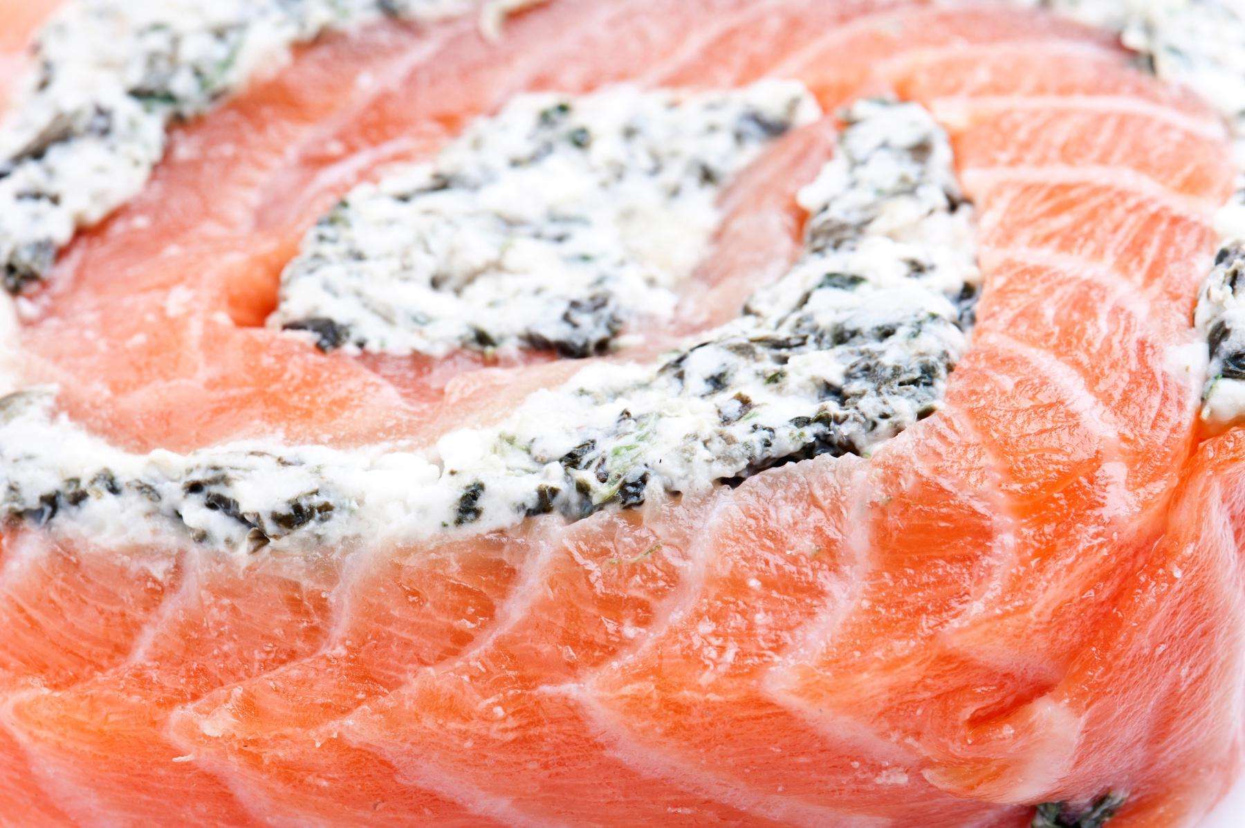 Close-up of a salmon pinwheel.