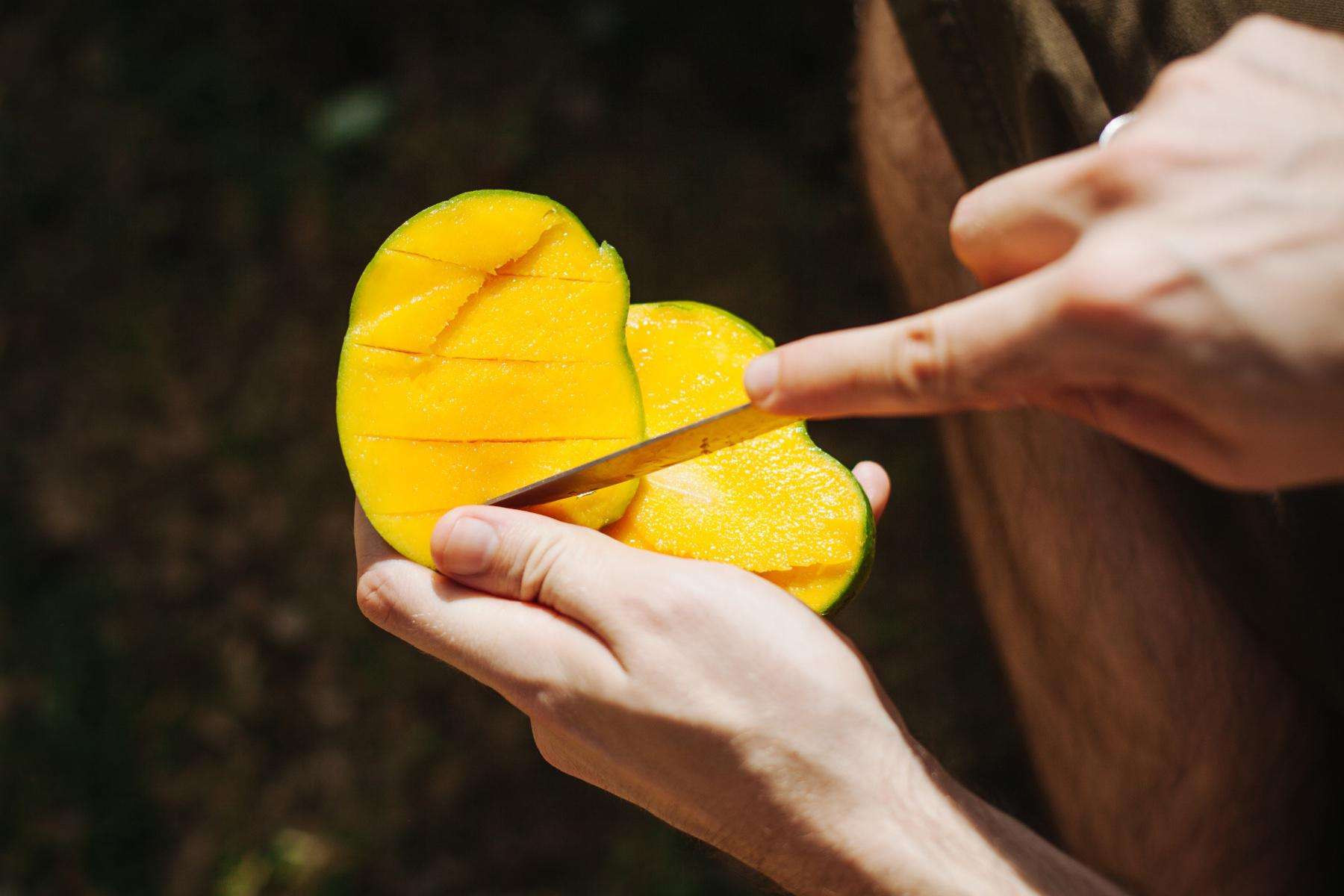 Close-up of hands slicing mango with knife.