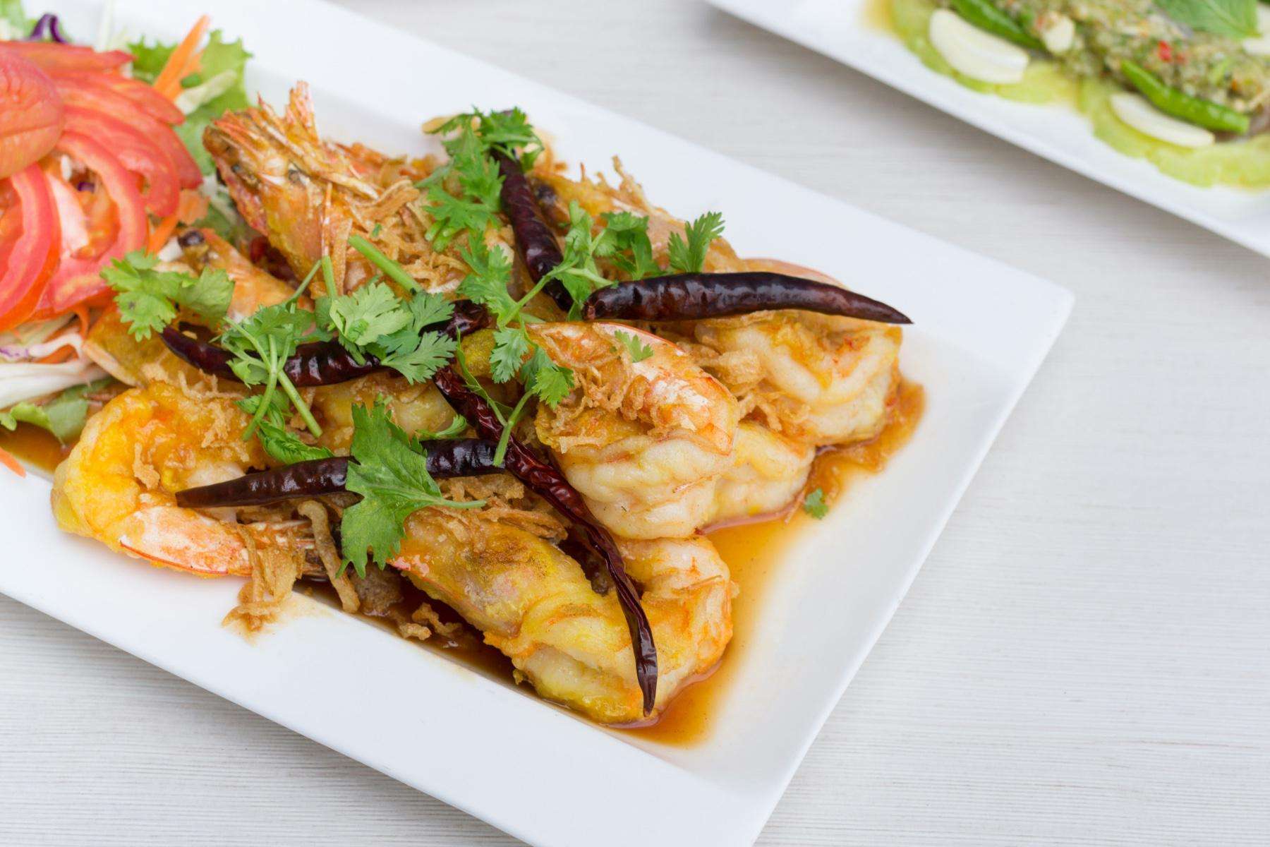 Plate of sautéed shrimp.