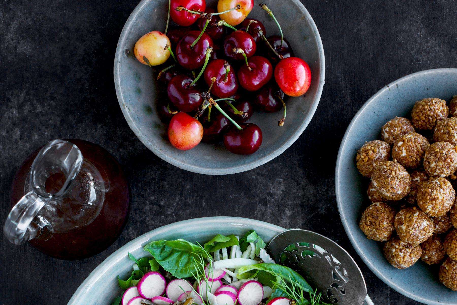 Overhead view of salad ingredients.