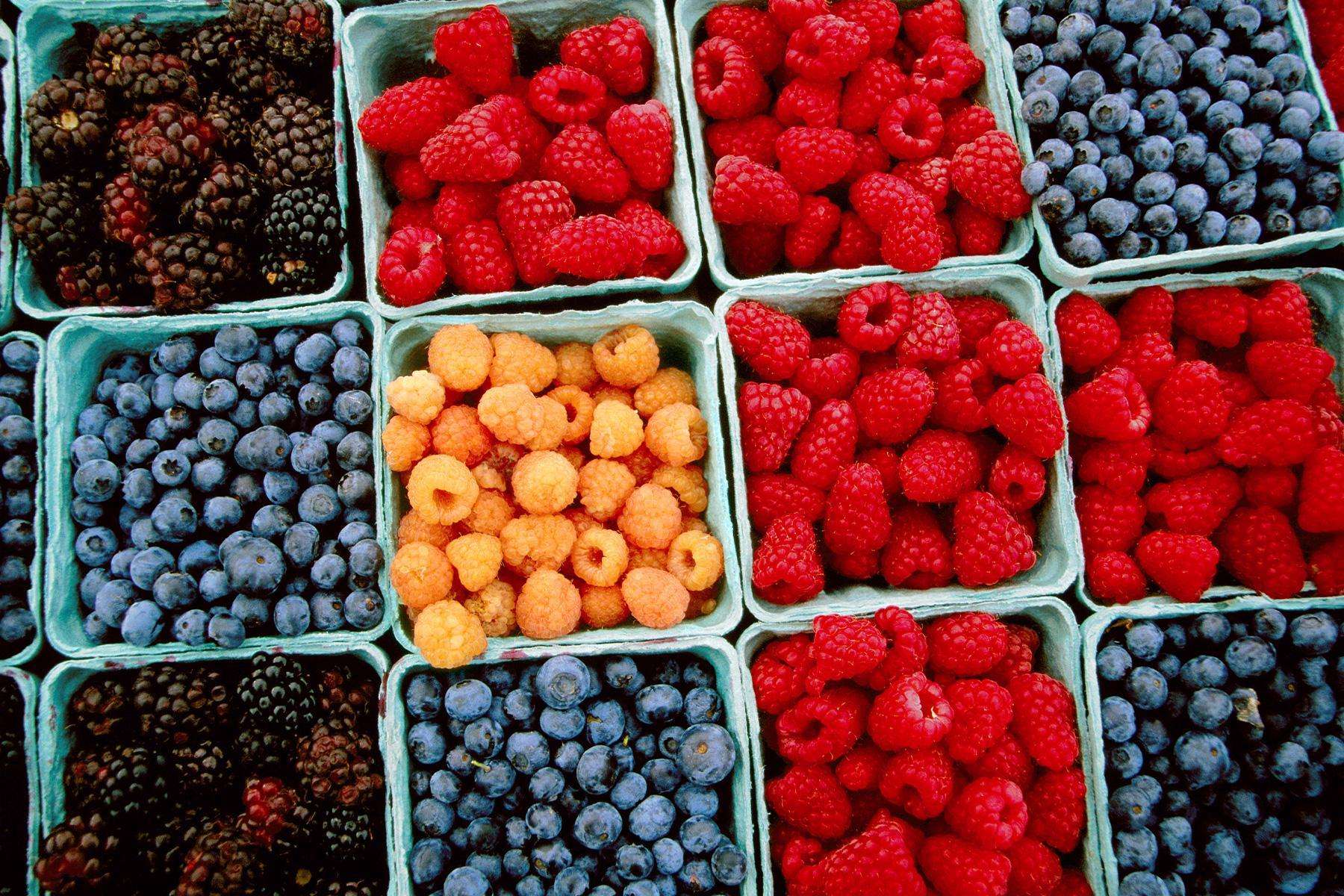 overhead view of containers of freshly picked raspberries