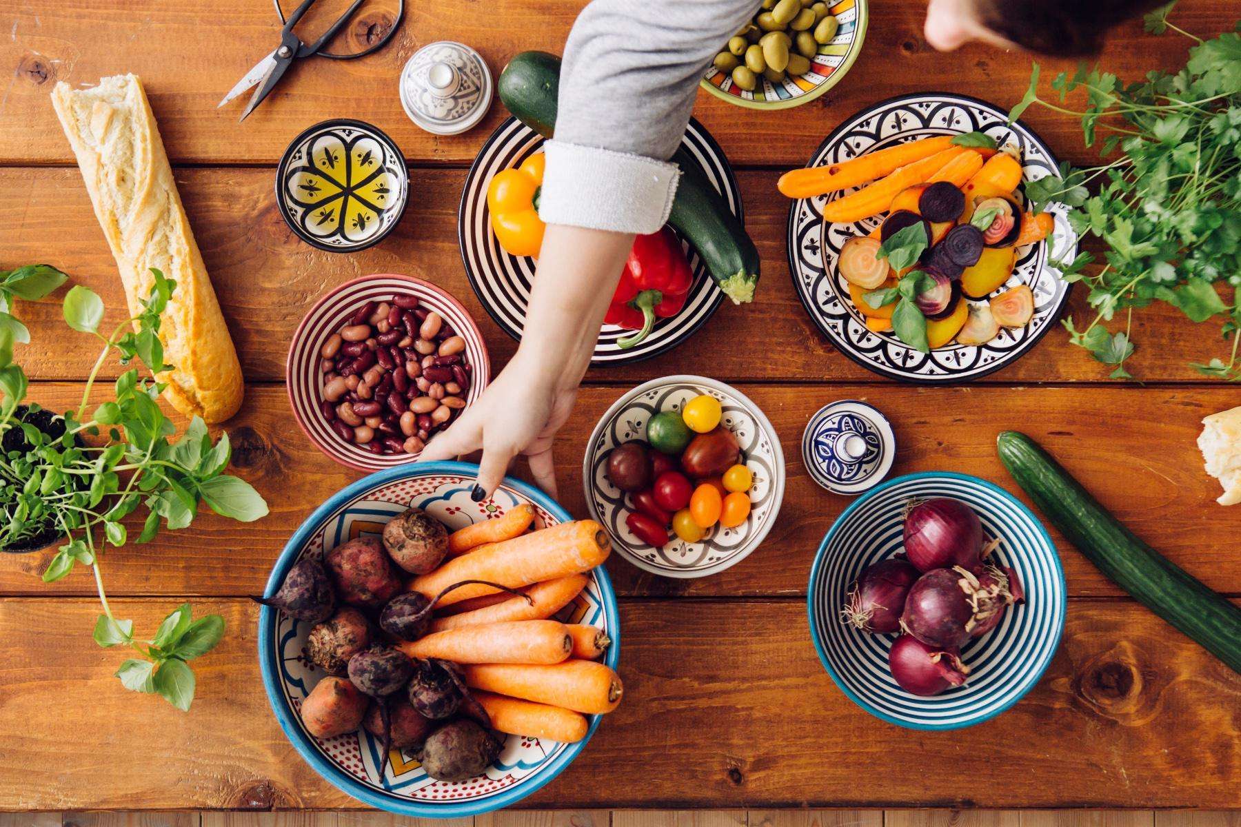 overhead image of meal on wooden table