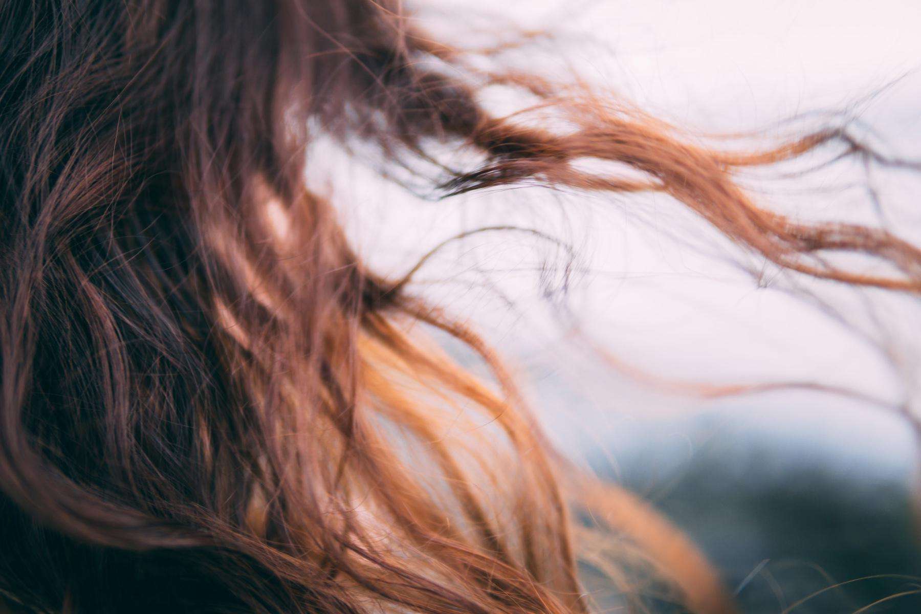 A close-up of a brunette woman's hair blowing in the wind.