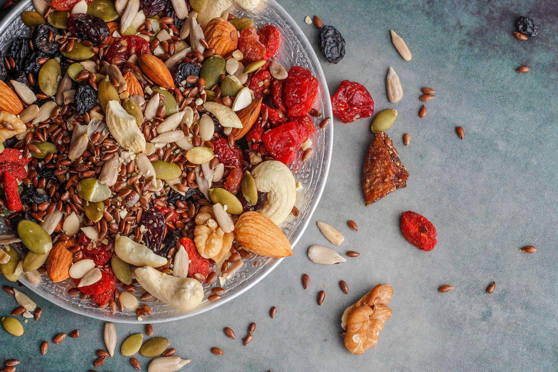 Bowl of healthy nuts and dried fruit.