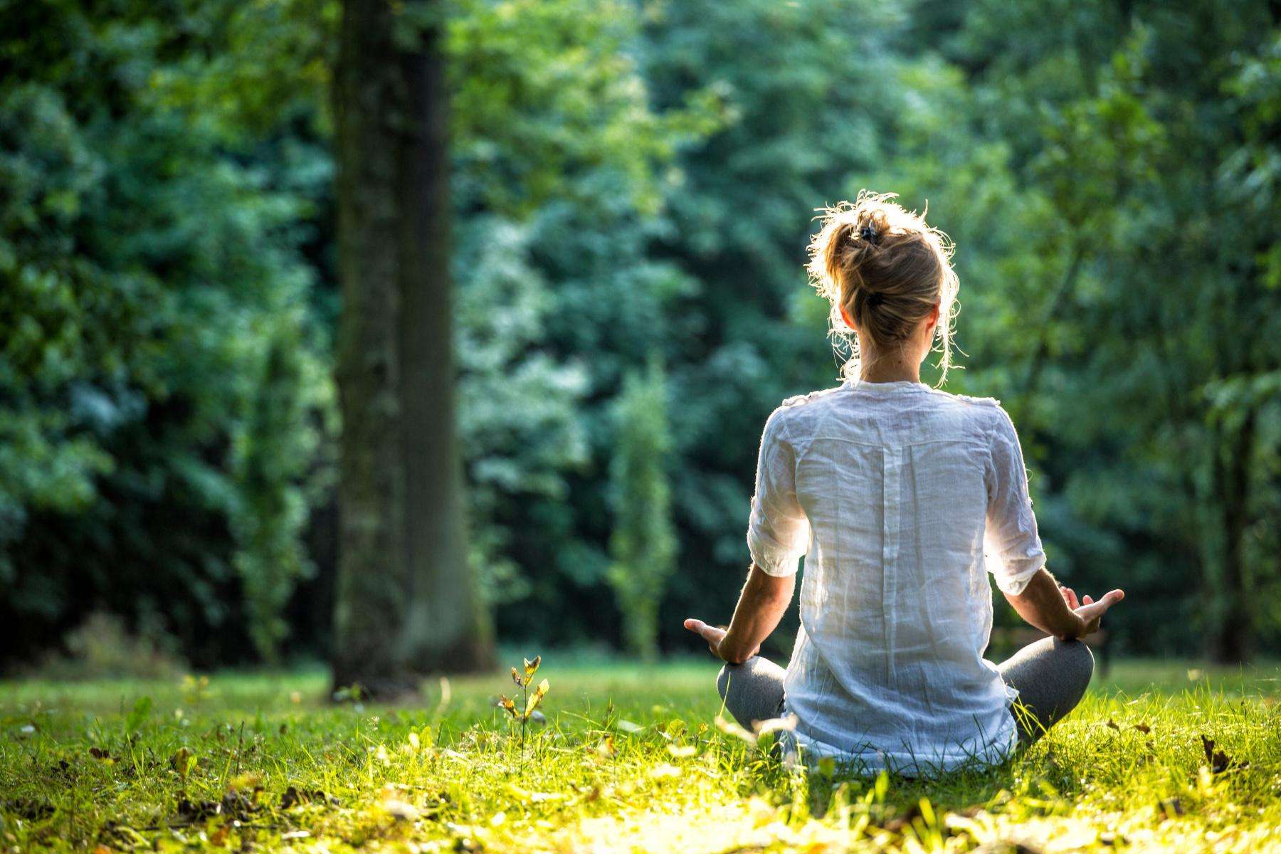 back of woman wearing white shirt sitting in grass against green forest in seated meditation pose