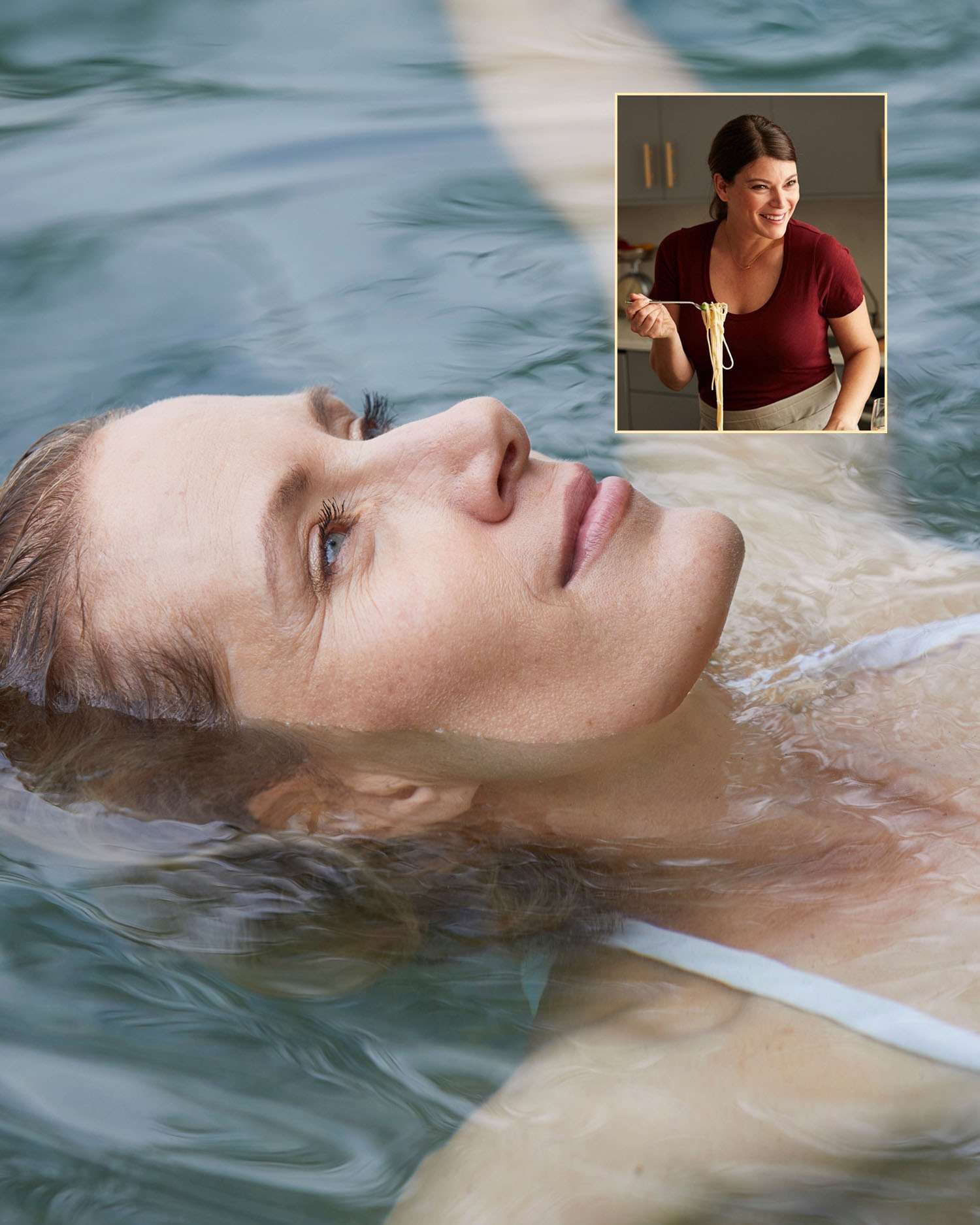 An image of Gail Simmons over an image of a woman in the water