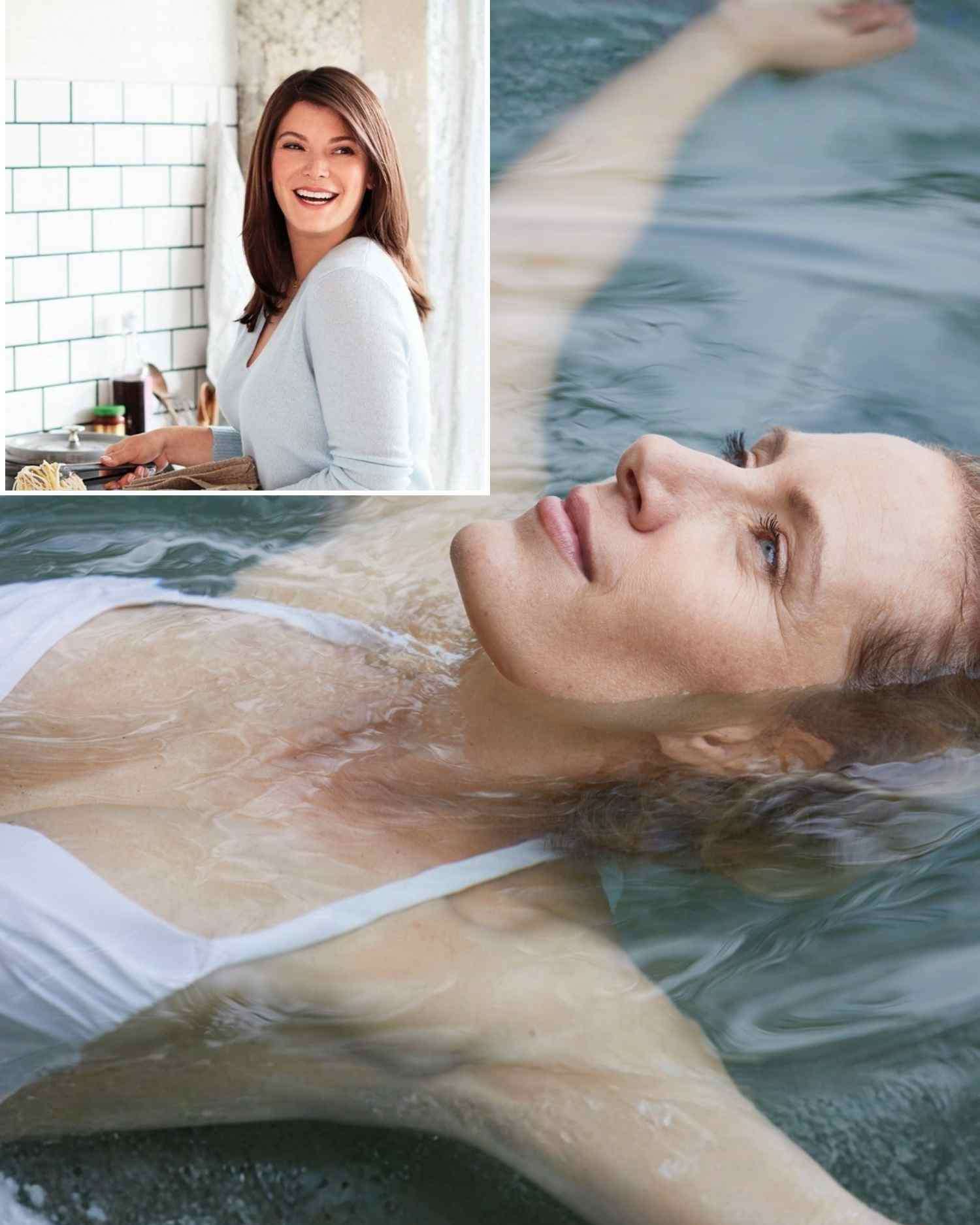 An image of Gail Simmons over an image of a woman in the water