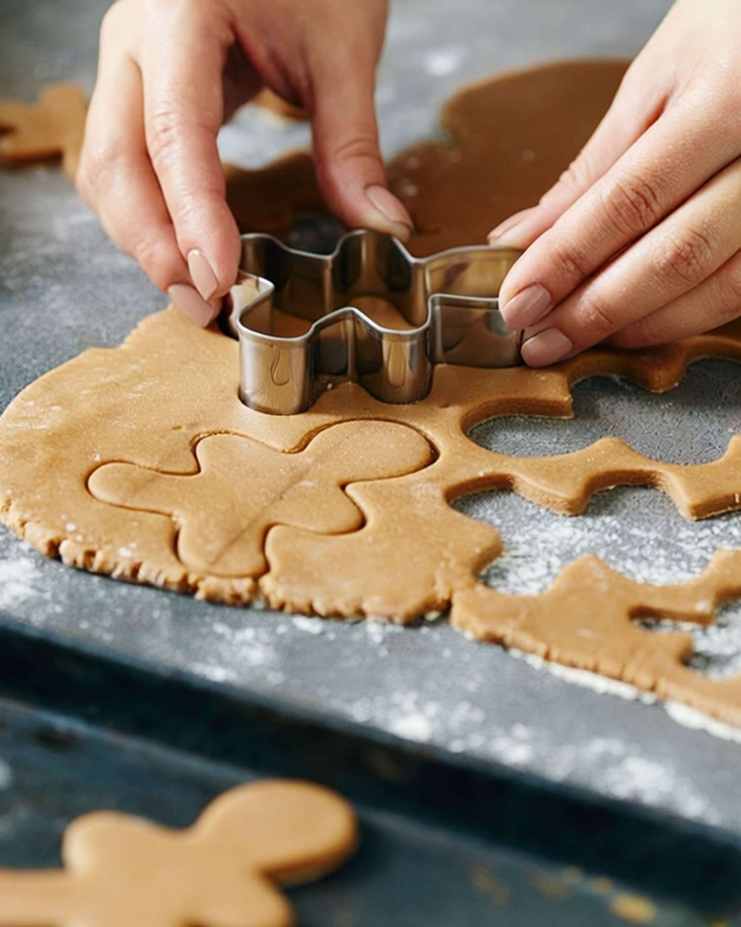 a woman cutting gingerbread men out of dough