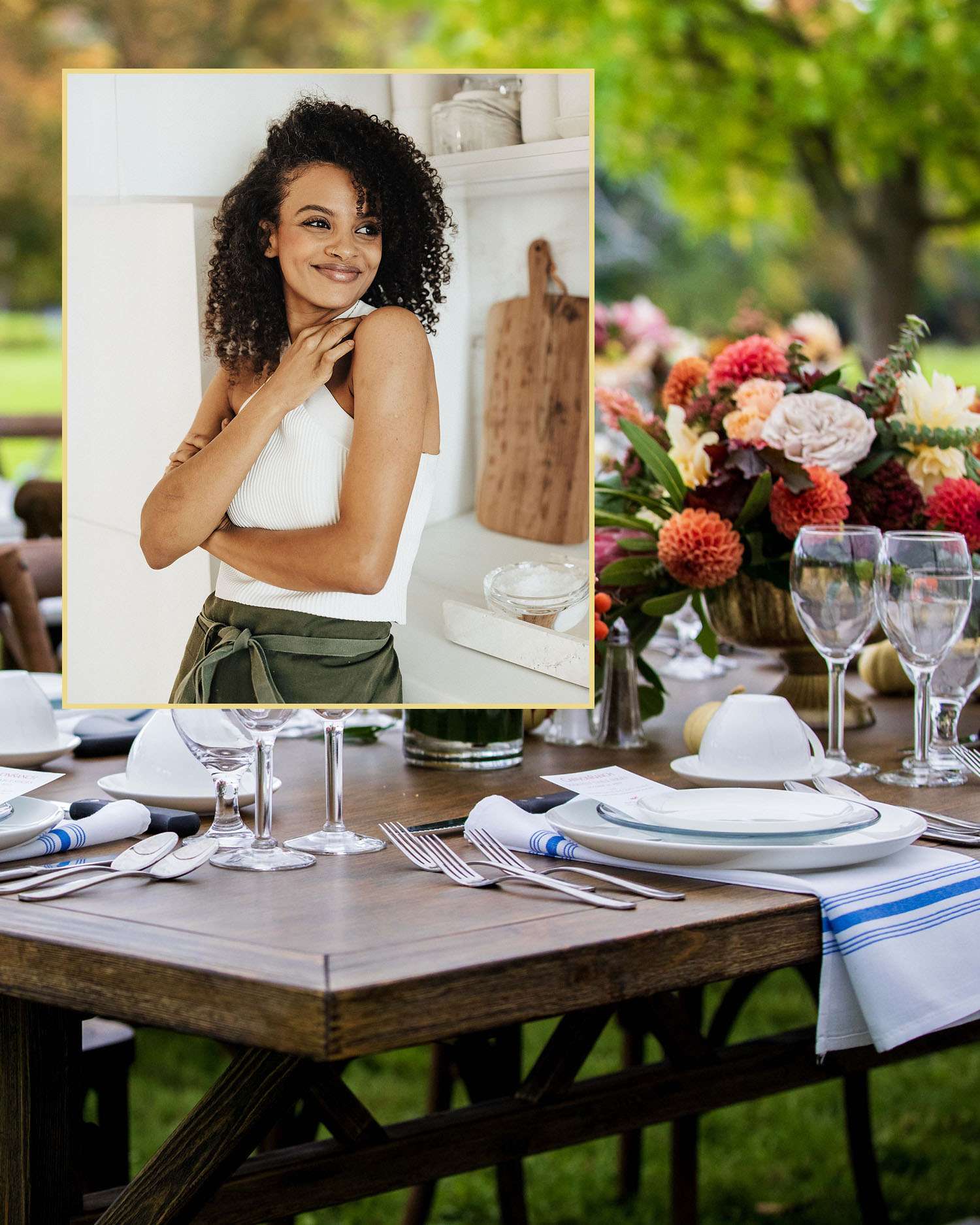 A picture of the Great Lawn at Canyon Ranch Lenox with an inlay image of Fariyal Abdullahi
