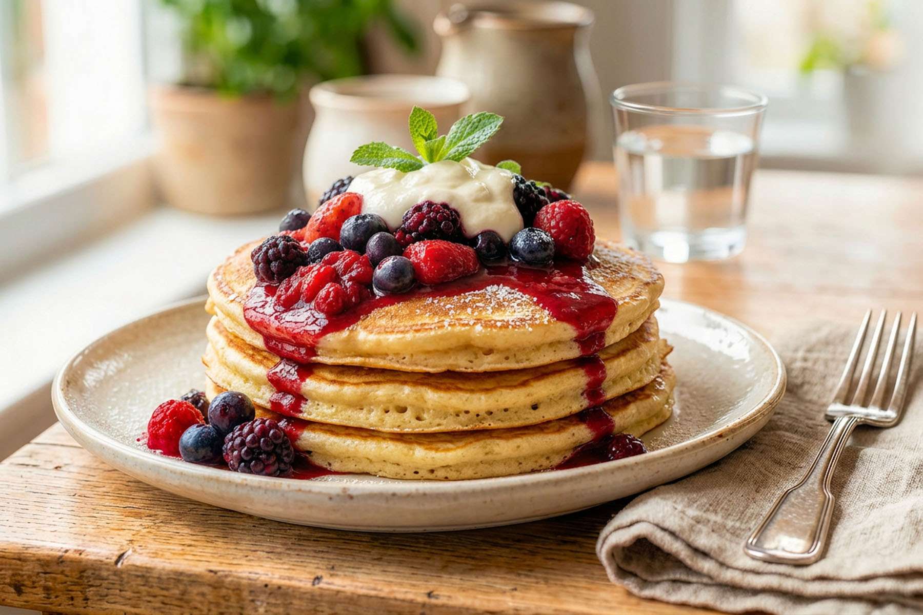 a stack of pancakes with different berries on top