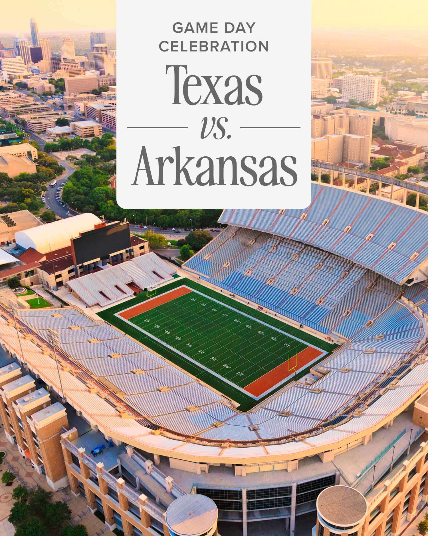 a woman standing in a football stadium cheering with a graphic that says "Texas Vs. Arkansas"