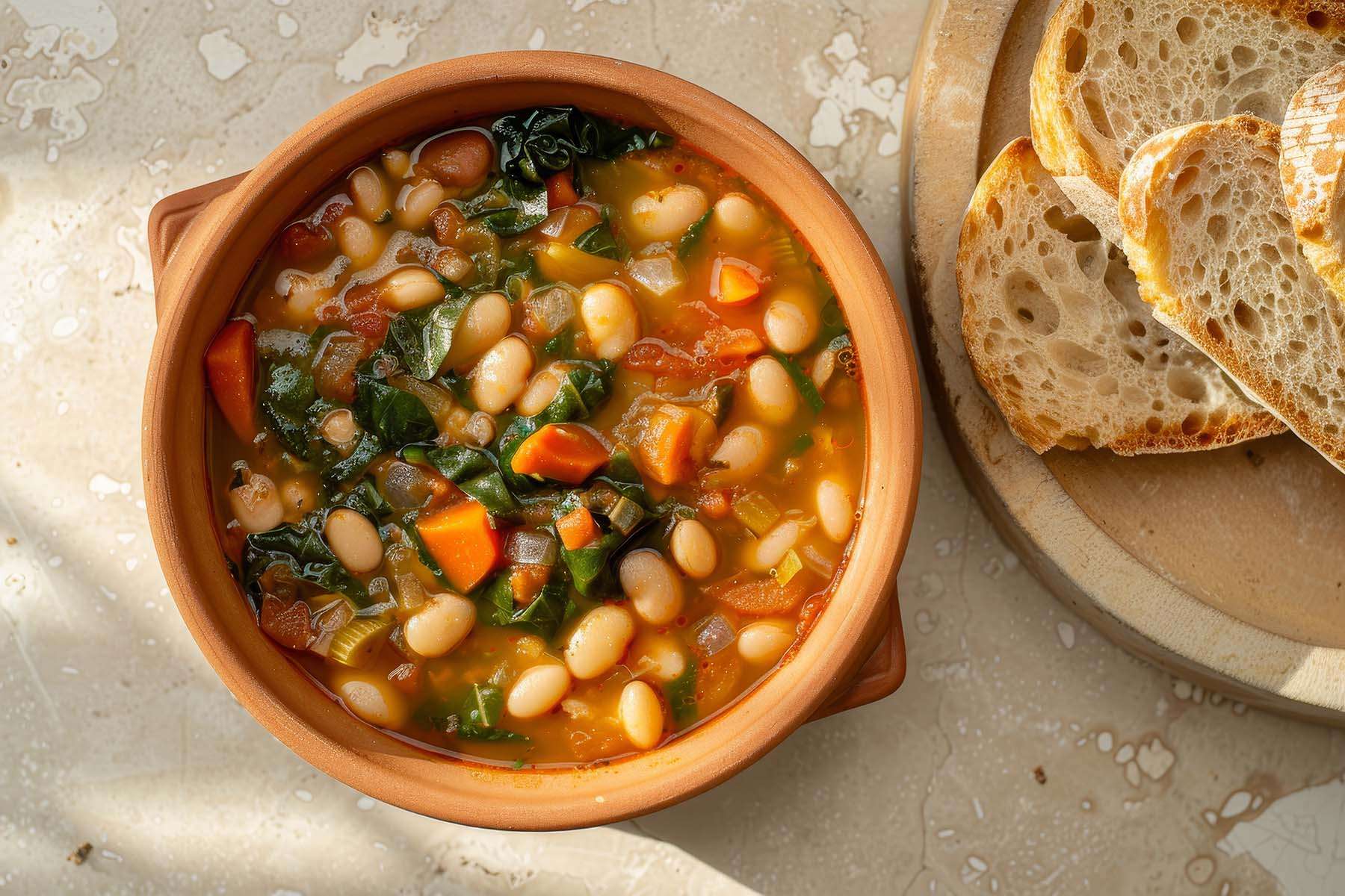 A Bowl With Lemon Chicken, Artichoke & White Bean Soup Served With Toasted Bread