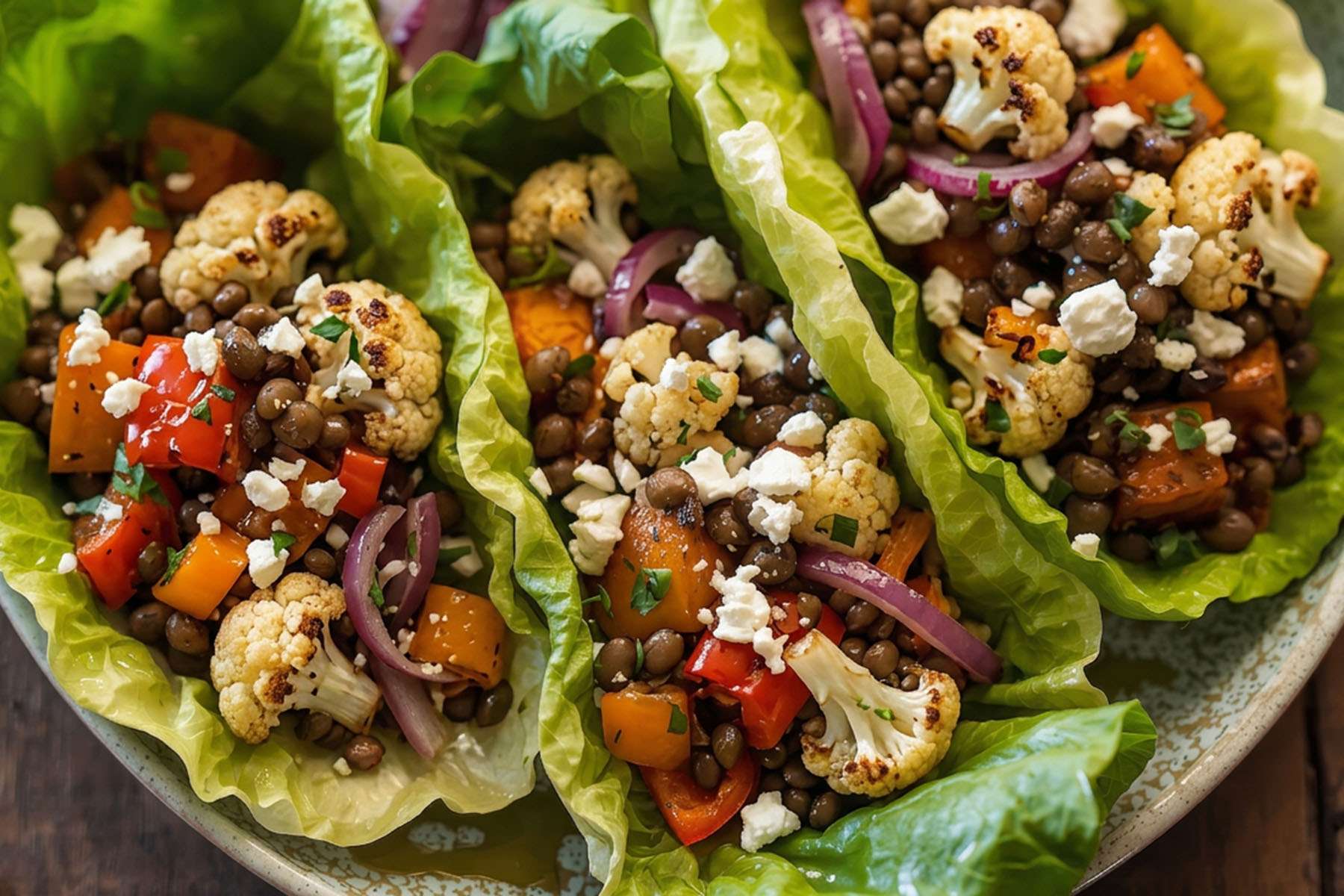 Spicy Roasted Vegetable & Lentil Lettuce Wraps 