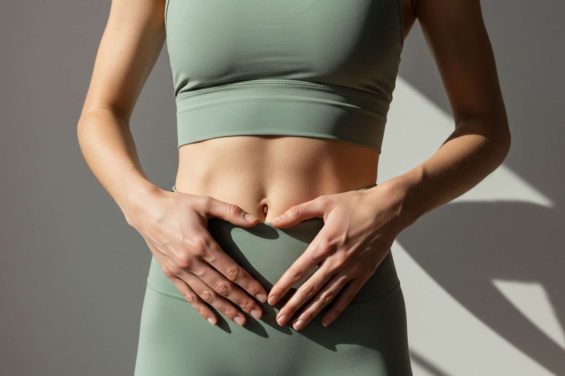 Woman In Workout Gear Putting Hands on Her Belly 