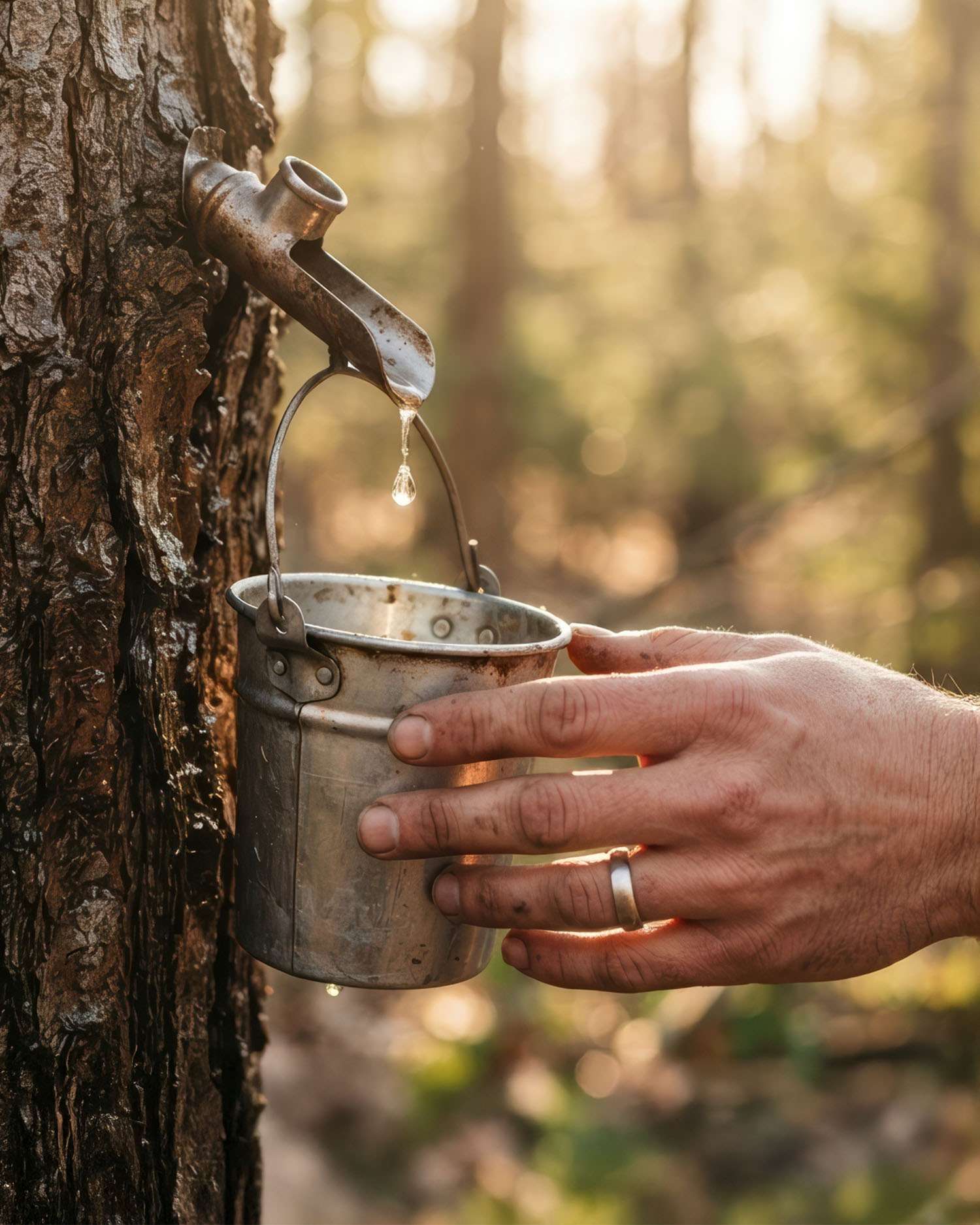 A Person Tapping Maple Syrup From a Tree