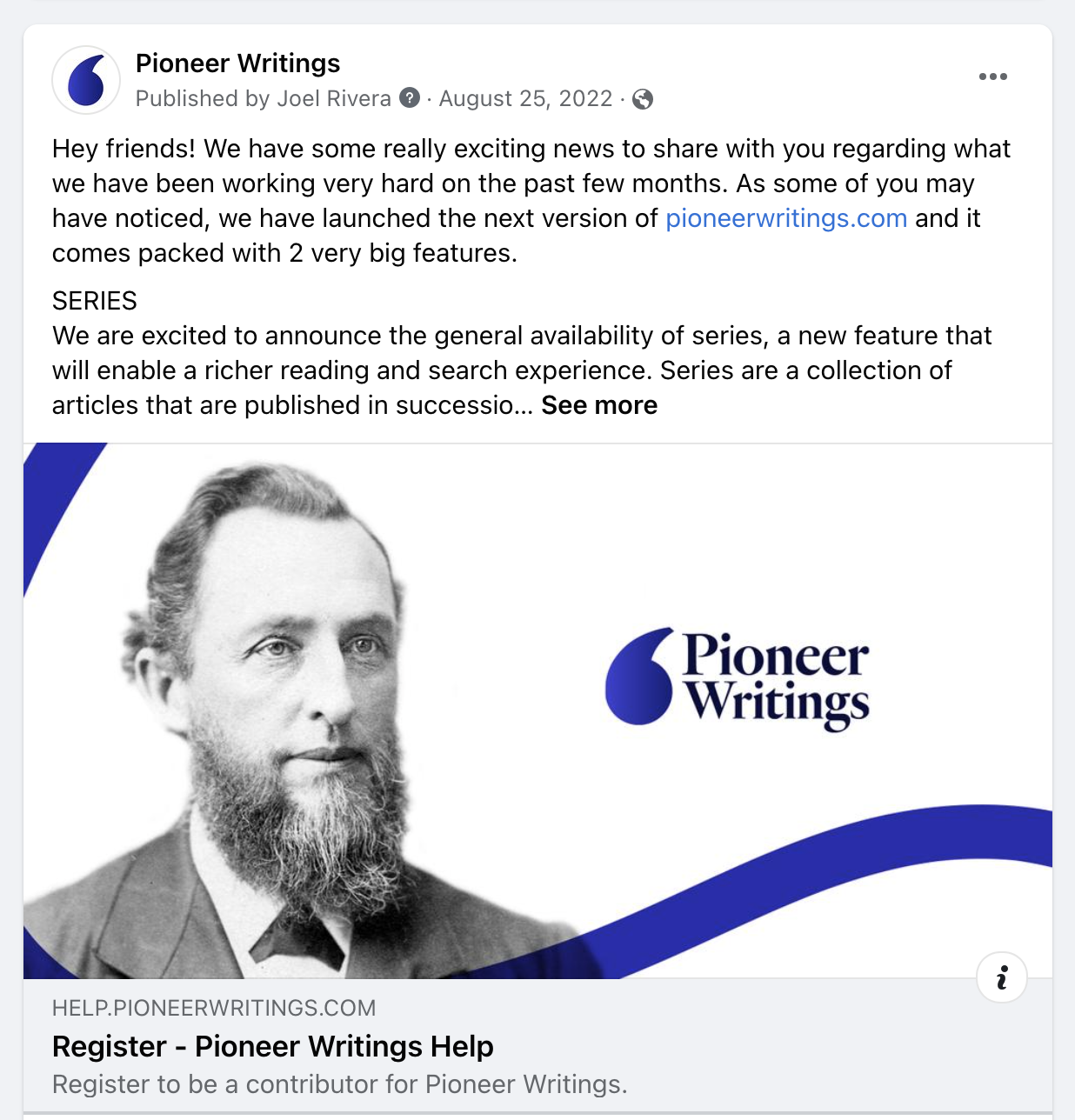 A screenshot of the original Facebook post announcement for the previous version of Pioneer Writings