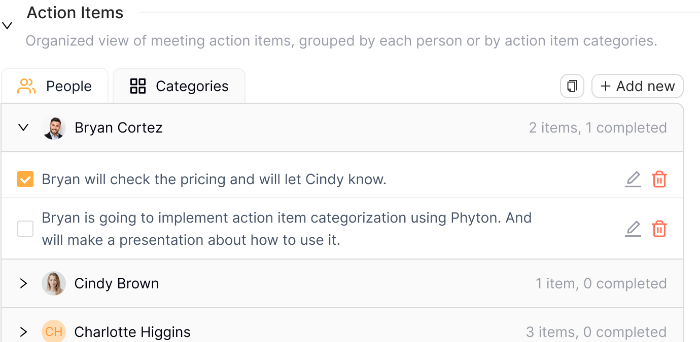  Organized list of meeting action items in a categorized view, grouped by individuals, including tasks for Bryan Cortez, Cindy Brown, and Charlotte Higgins. One task is marked completed, while others are pending.