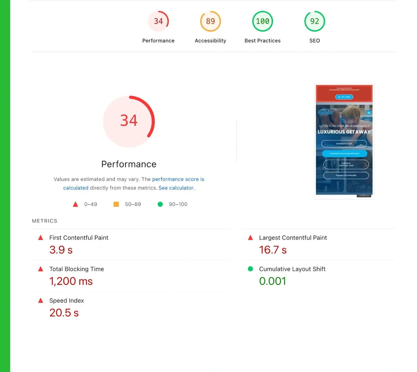 Page speed insights for pool builder.